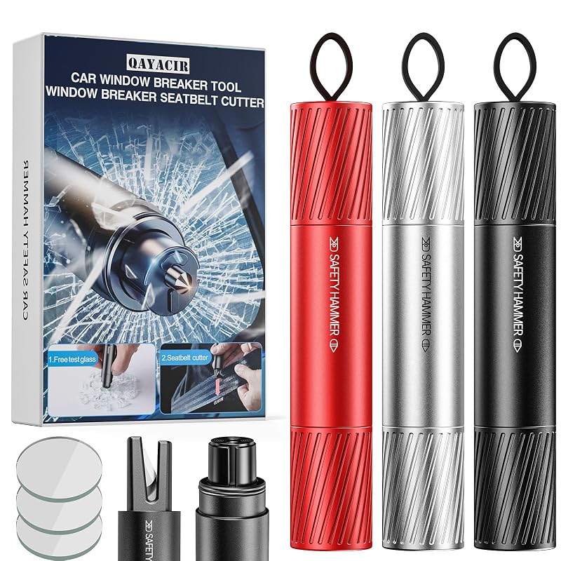Quebrador de Vidro Automotivo e Cortador de Cinto de Segurança Qayacir AC02 Preto, Vermelho e Prateado – Kit com 3 Peças