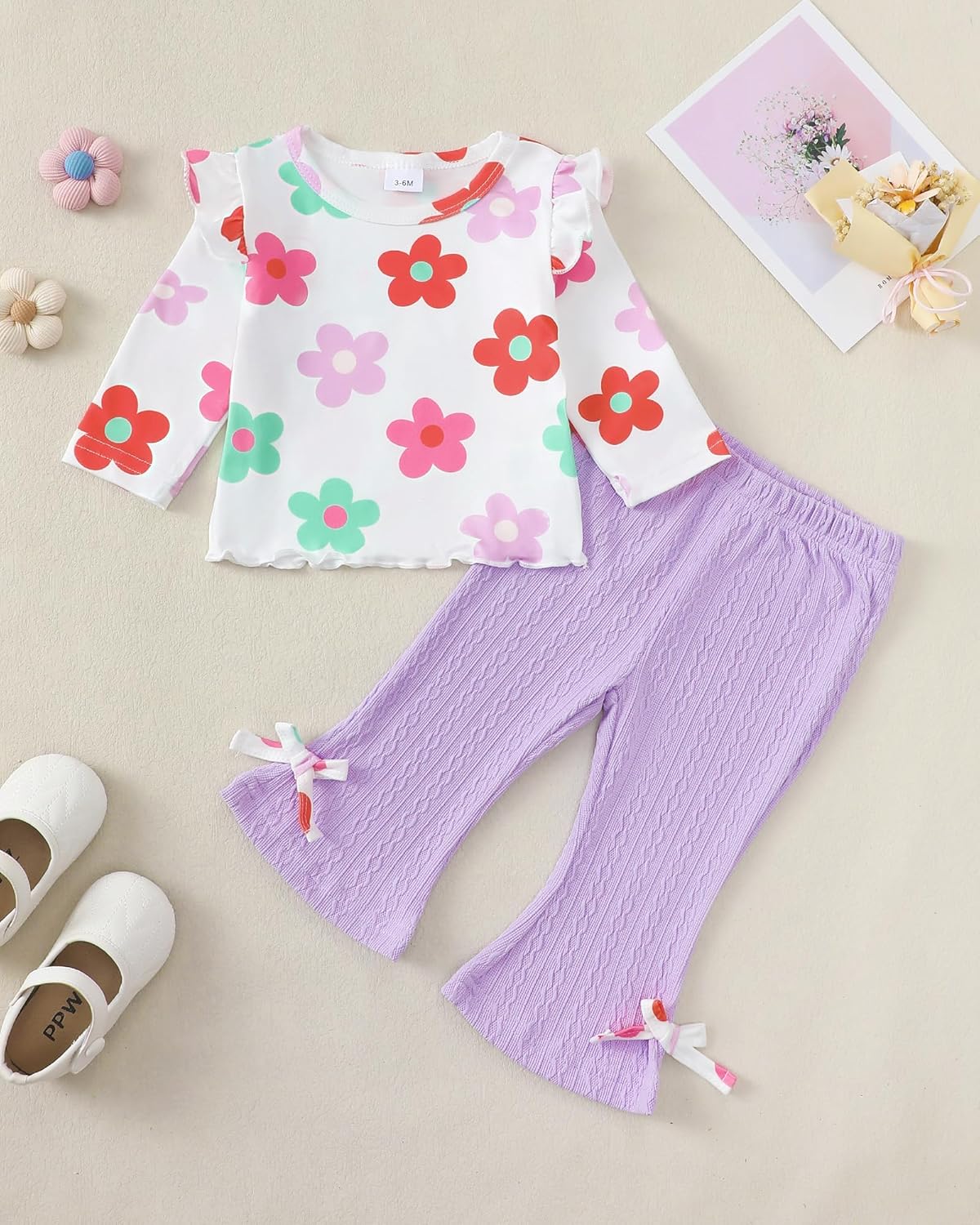 Kucnuzki Toddler Baby Girl Clothes Outfit Long Sleeve Ruffle T Shirt Top Bell Bottom Pants Two Piece Fall Winter Outfits - Image 2