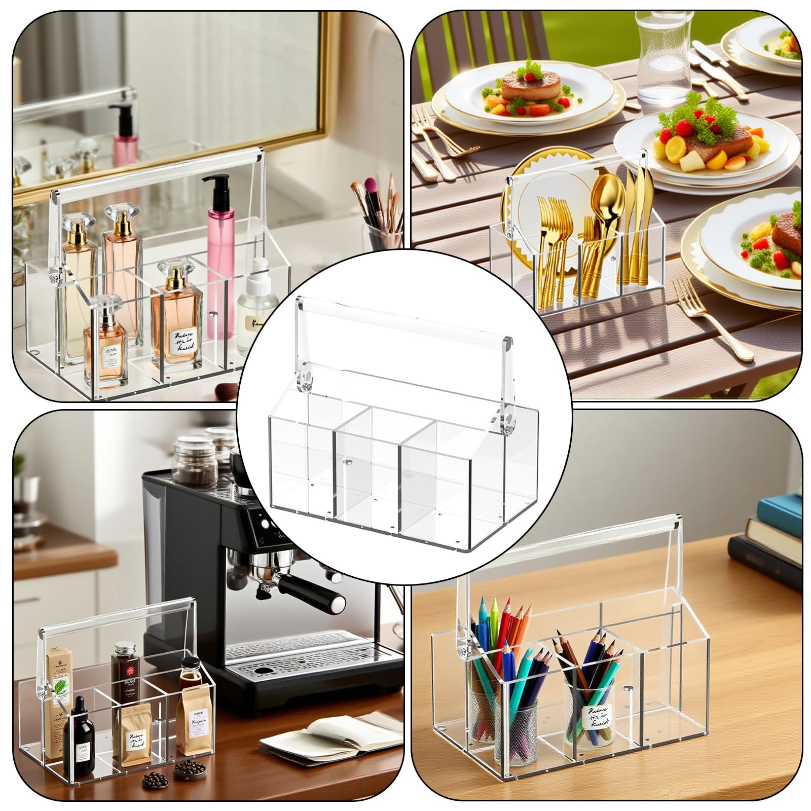 Cestino portaposate in acrilico con 4 scomparti – Porta posate in plastica trasparente per cucina buffet party – Organizzatore portaposate con manico per piatti, posate tovaglioli