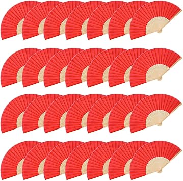 JOHOUSE 28 PCS Fabric Folding Hand Fans, 8.3 Inch Red Fabric Folding Fans Handheld Portable Bulk Crafts for Wedding, Dancing, Chinese New Year Hibachi Party Decorations Gift Ready