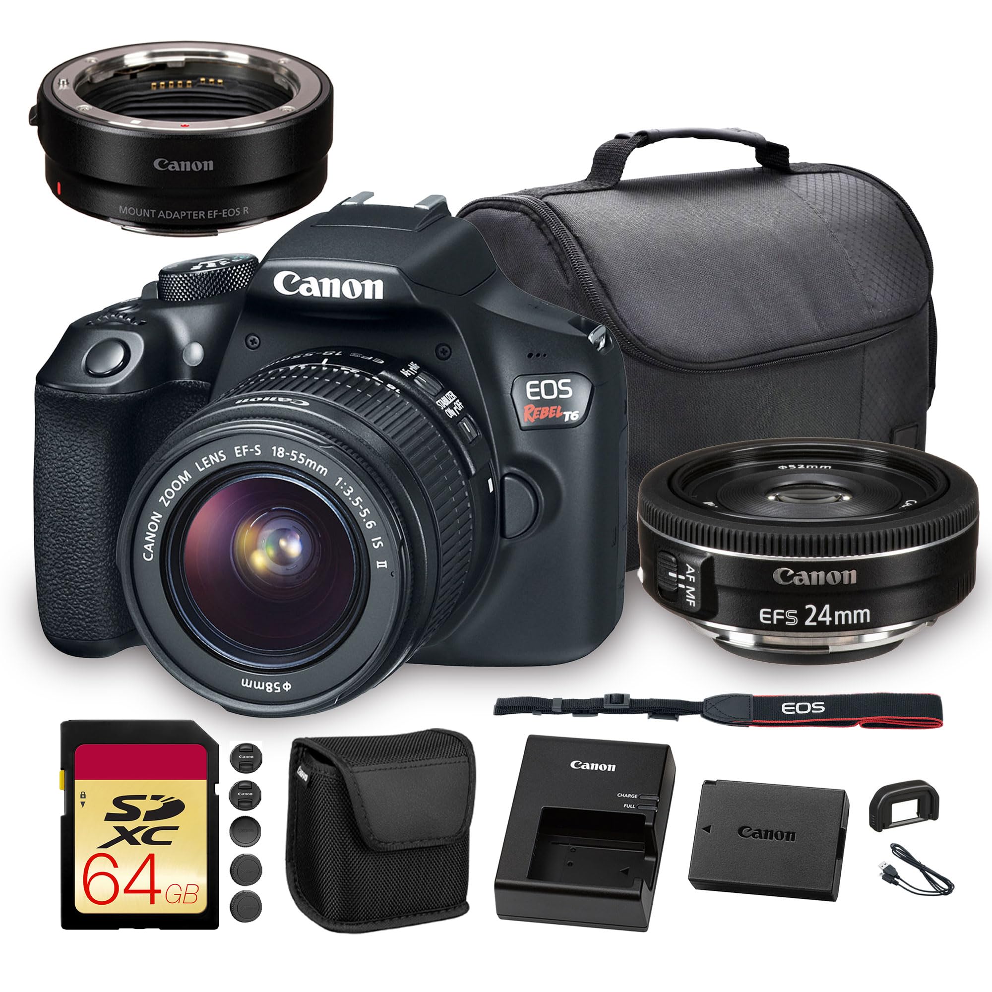 Canon EOS Rebel T6 DSLR Camera with 18-55mm Lens | 18MP APS-C CMOS Sensor, Built-In Wi-Fi & Full HD Video | For Travel & Everyday Photography + Canon EF-S 24mm f/2.8 STM Lens + Adapter EF-EOS R + More
