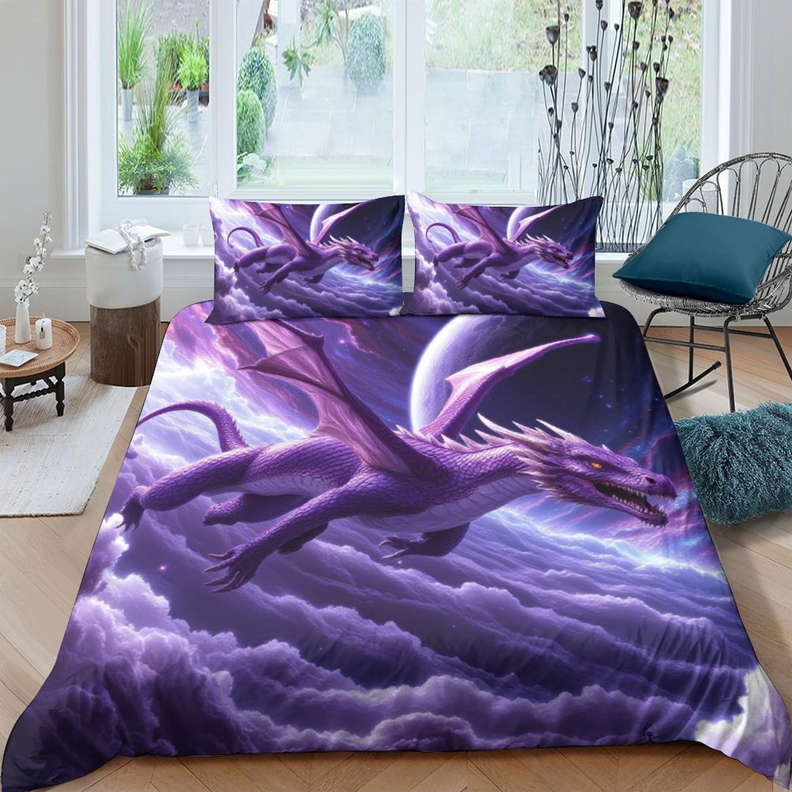 GPLZQXKJNH 3D Printed Purple Dragon Duvet Cover Microfiber Soft Breathable Fantasy Night Sky Bedding Set with 2 Pillowcases for Bedroom Decor Single（135x200cm）