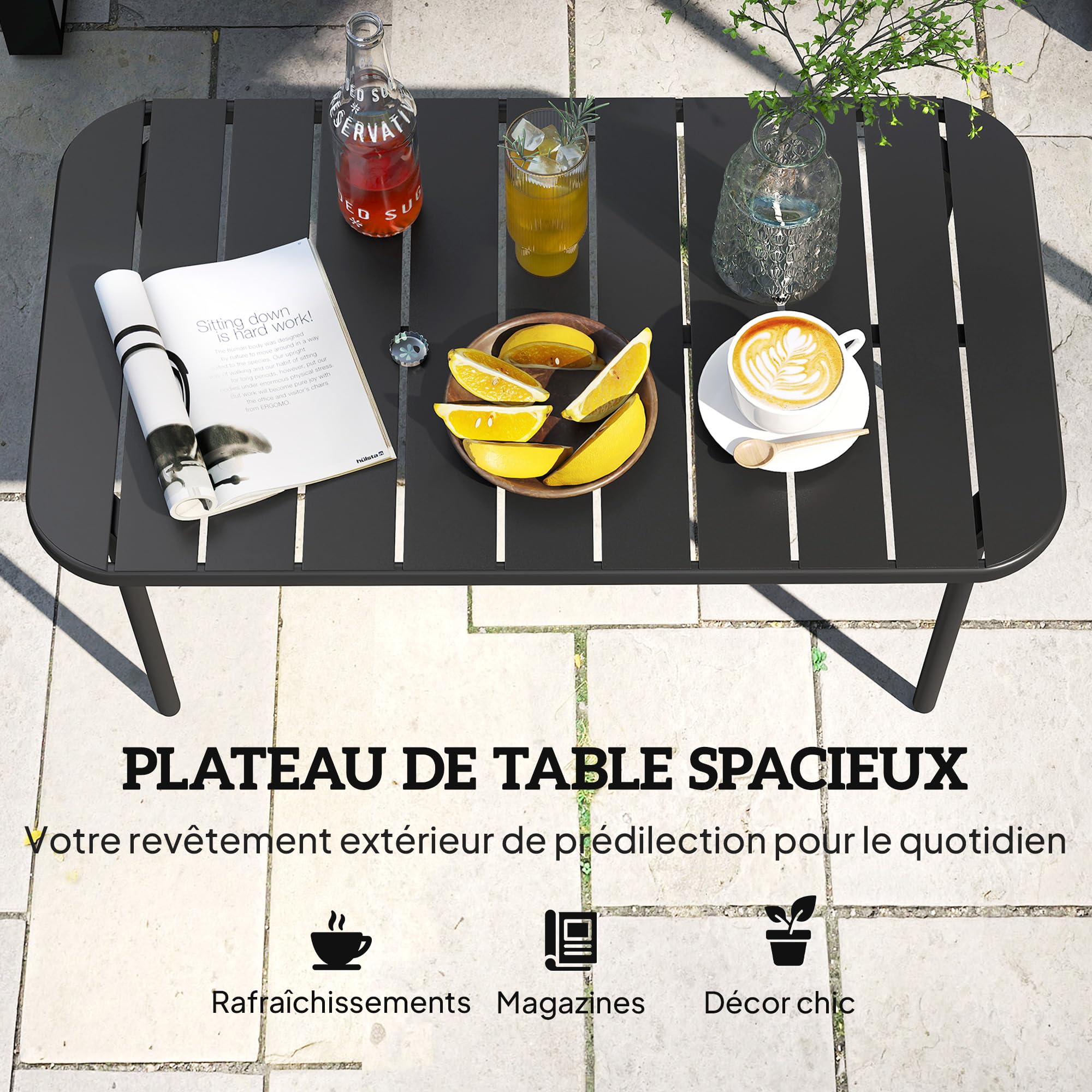 Outsunny Table Basse de Jardin en Acier Galvanisé 90x50x43cm Noir