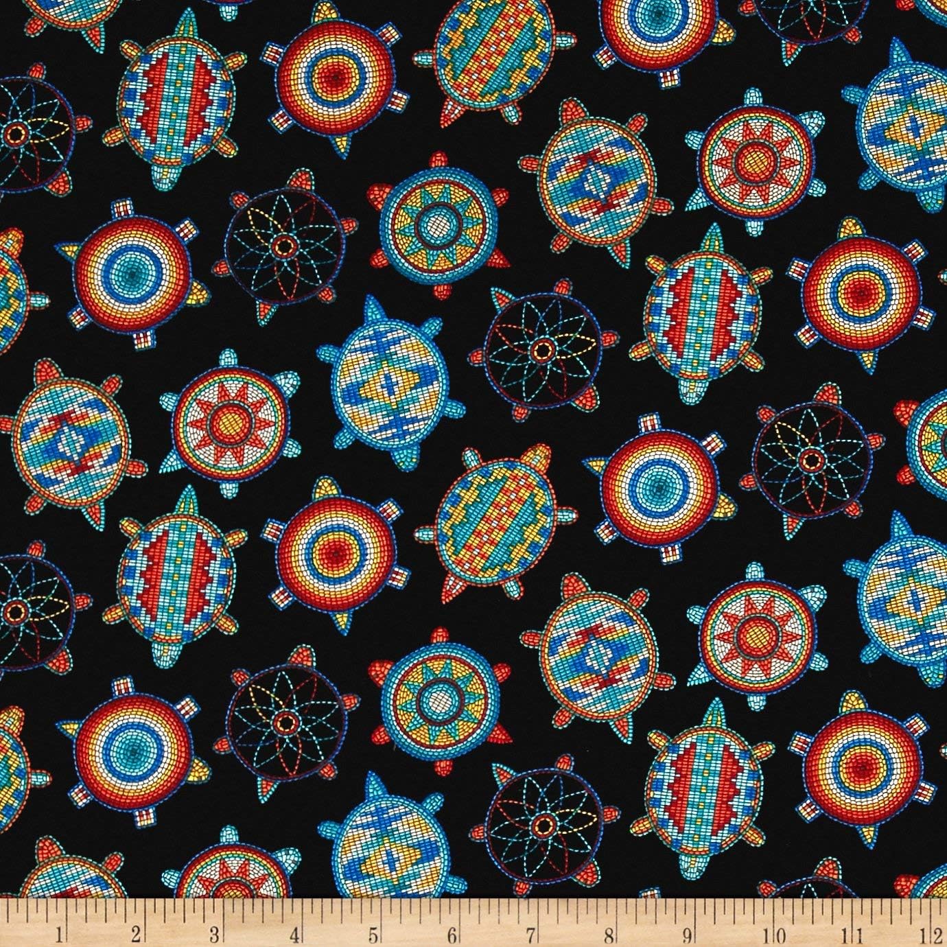 Elizabeth's Studio Black Tuscon Beaded Turtles Cotton Fabric 526 Black