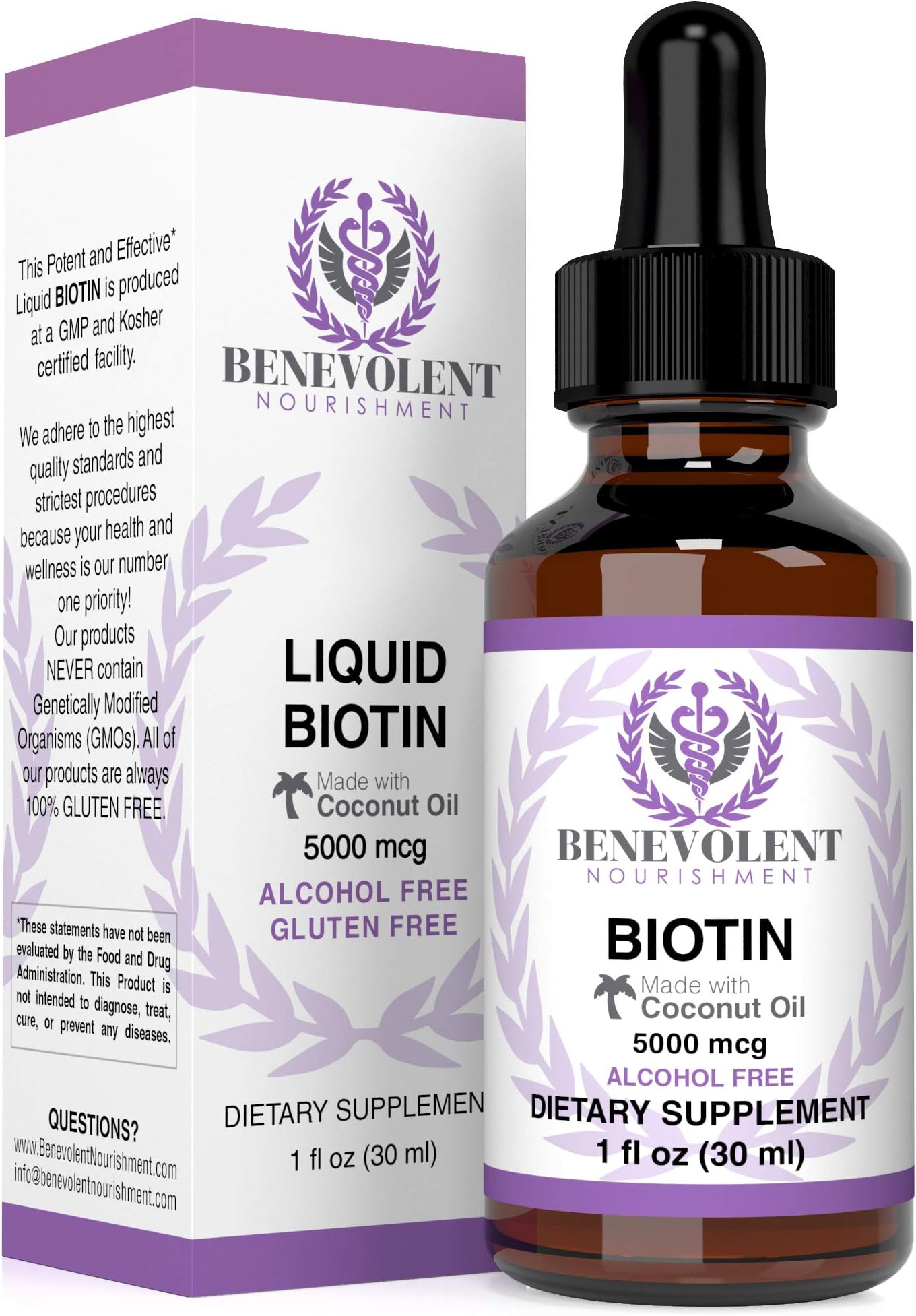 Benevolent Liquid Biotin 5000 mcg - Infused with Coconut Oil for 5X Absorption, Non-GMO & Vegan Friendly Biotin for Hair Growth Glowing Skin and Strong Nails, Hair Growth Products, Biotin Supplement