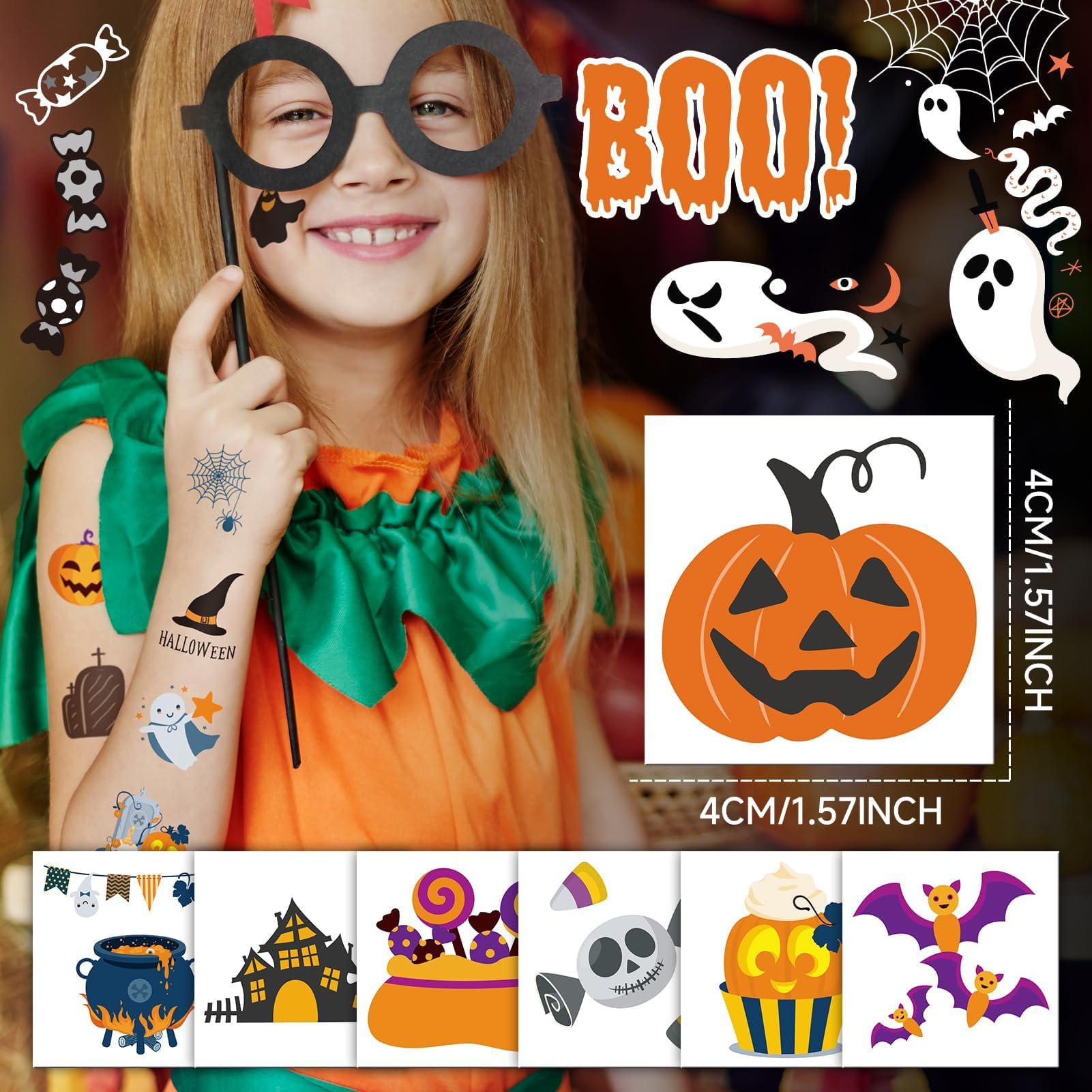 408 Hojas de Tatuajes Temporales de Halloween para Niños, Tatuajes Individuales para Fiesta de Halloween, Pegatinas de Tatuajes de Calabazas y Fantasmas para Niños y Niñas