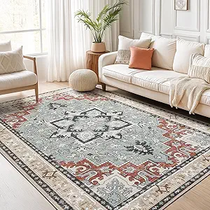 Lofus 6x9 Area Rugs for Living Room, Floral Washable Area Rug for Bedroom, Office, Dining Room, Non-Slip Vintage Boho Rug, Low-Pile Soft Carpet, Traditional Oriental Style, Beige Orange