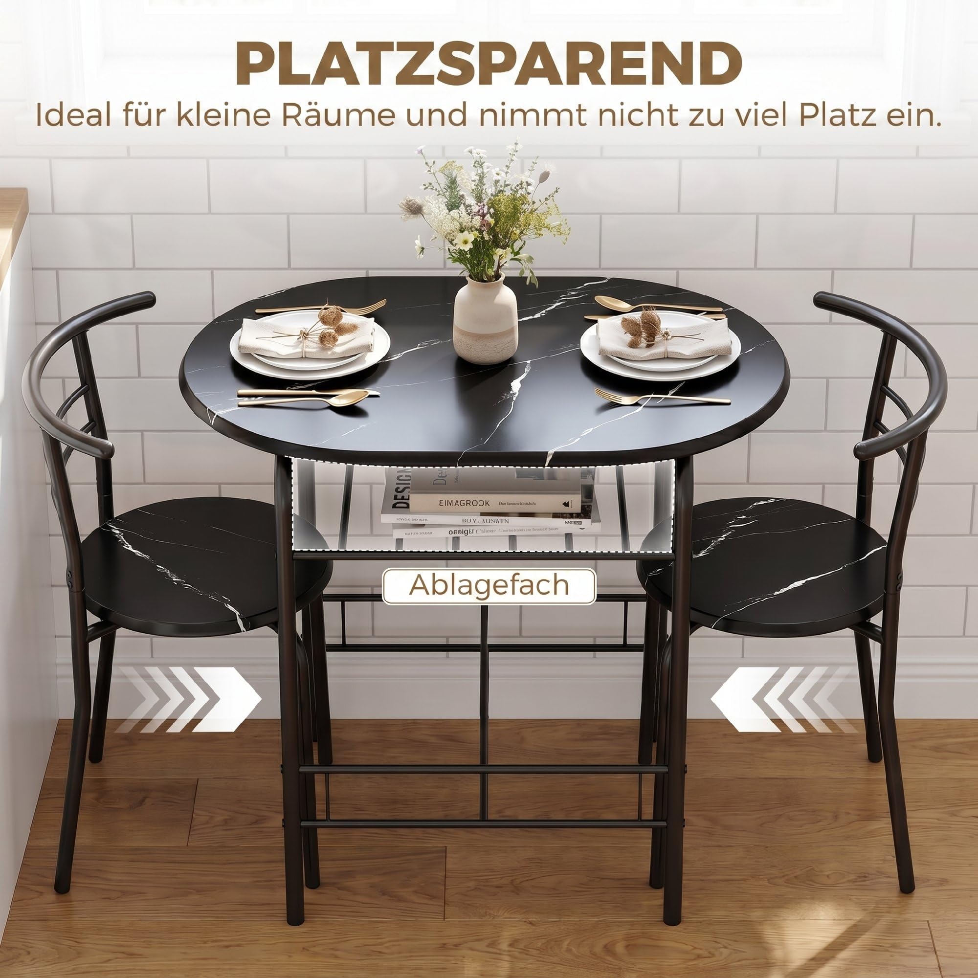 HOMCOM 3-Teilige Essgruppe für Kleine Räume Metallgestell Schwarz