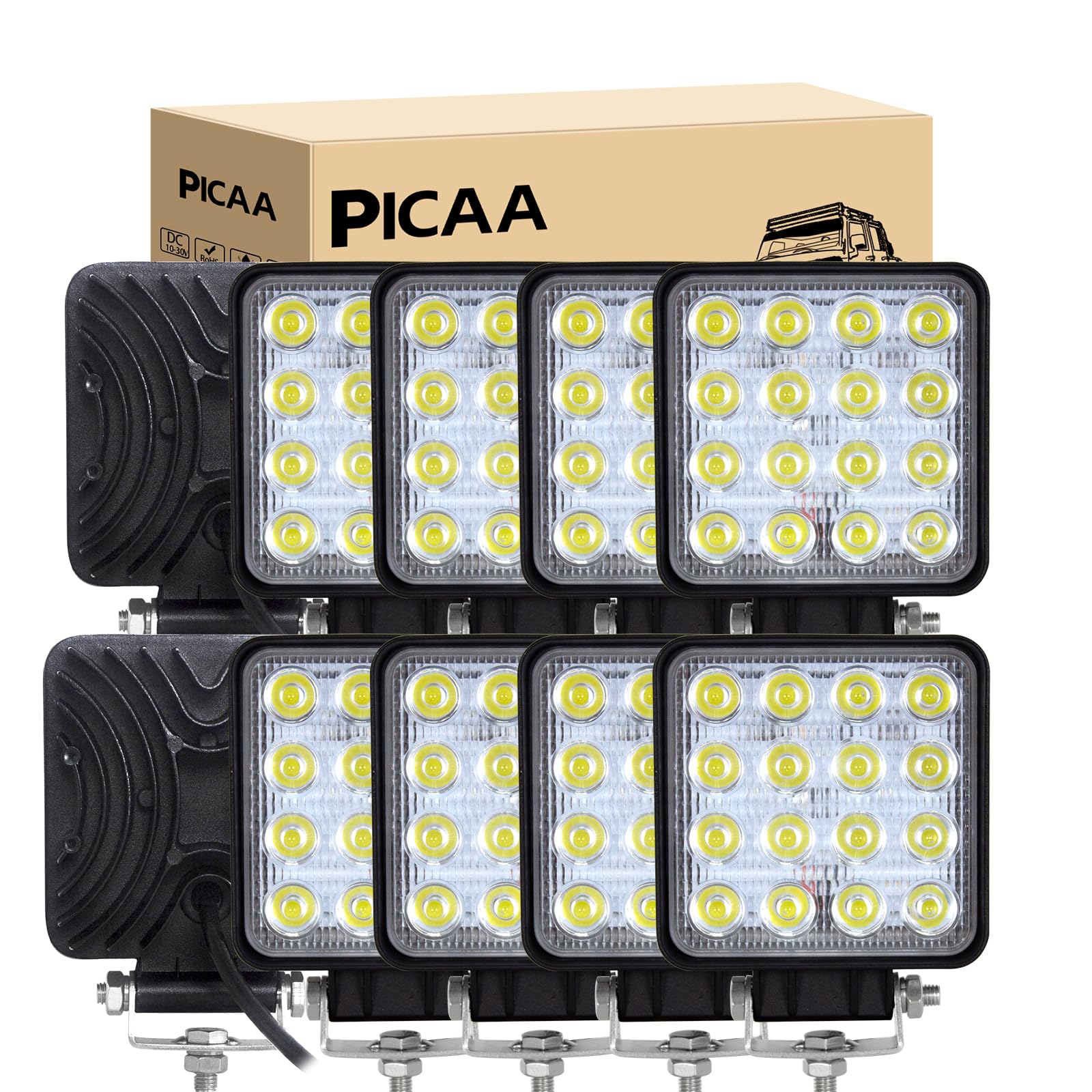PICAA Reflektor roboczy LED 10 SZTUK 4,2 cala 48 W LED Flood Light Ciągnik 12V-24V 6000K Reflektory LED do ciągników IP68 Wodoodporne światło przeciwmgielne Samochód, SUV, UTV, ATV, Off-road,
