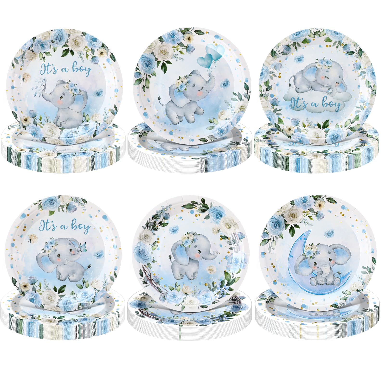 Funnymoom 60 Pcs 7 Inch Elephant Baby Shower Paper Plates It's a Boy Shower Decorations Tableware Baby Gender Reveal Plates It's a Boy Party Supplies