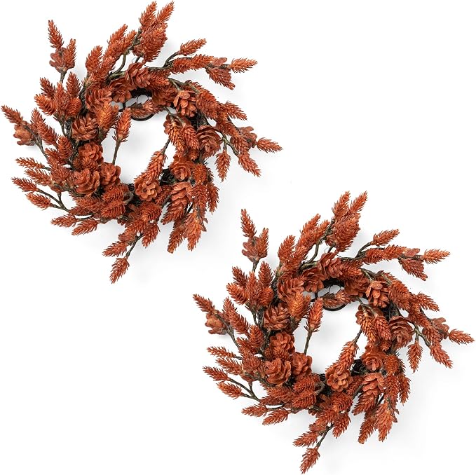 2 Pcs Christmas Candle Rings Wreaths, 10 Inch Candle Wreath with Artificial Red Pinecone, Christmas Candle Holder Indoor Decor for Home Kitchen Cabinets Centerpieces for Tables