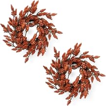 2 Pcs Christmas Candle Rings Wreaths, 10 Inch Candle Wreath with Artificial Red Pinecone, Christmas Candle Holder Indoor Decor for Home Kitchen Cabinets Centerpieces for Tables