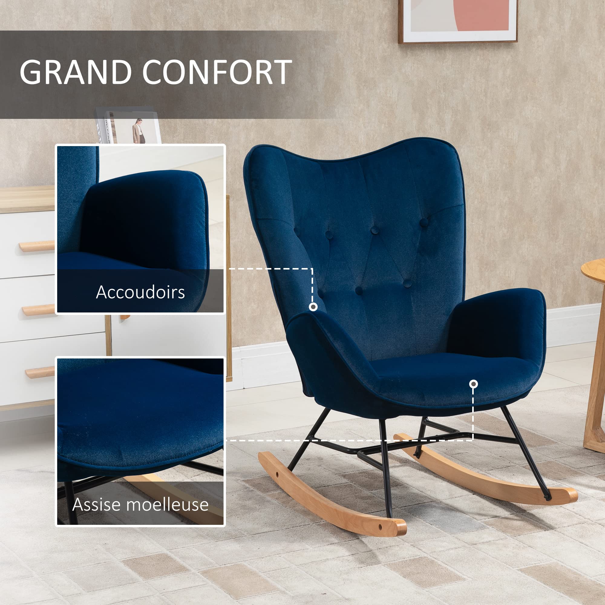 HOMCOM Fauteuil à Bascule, Rocking Chair, Fauteuil Allaitement Confortable avec Structure en Bois Massif et métal pour Salon, Chambre, Balcon, Velours Bleu