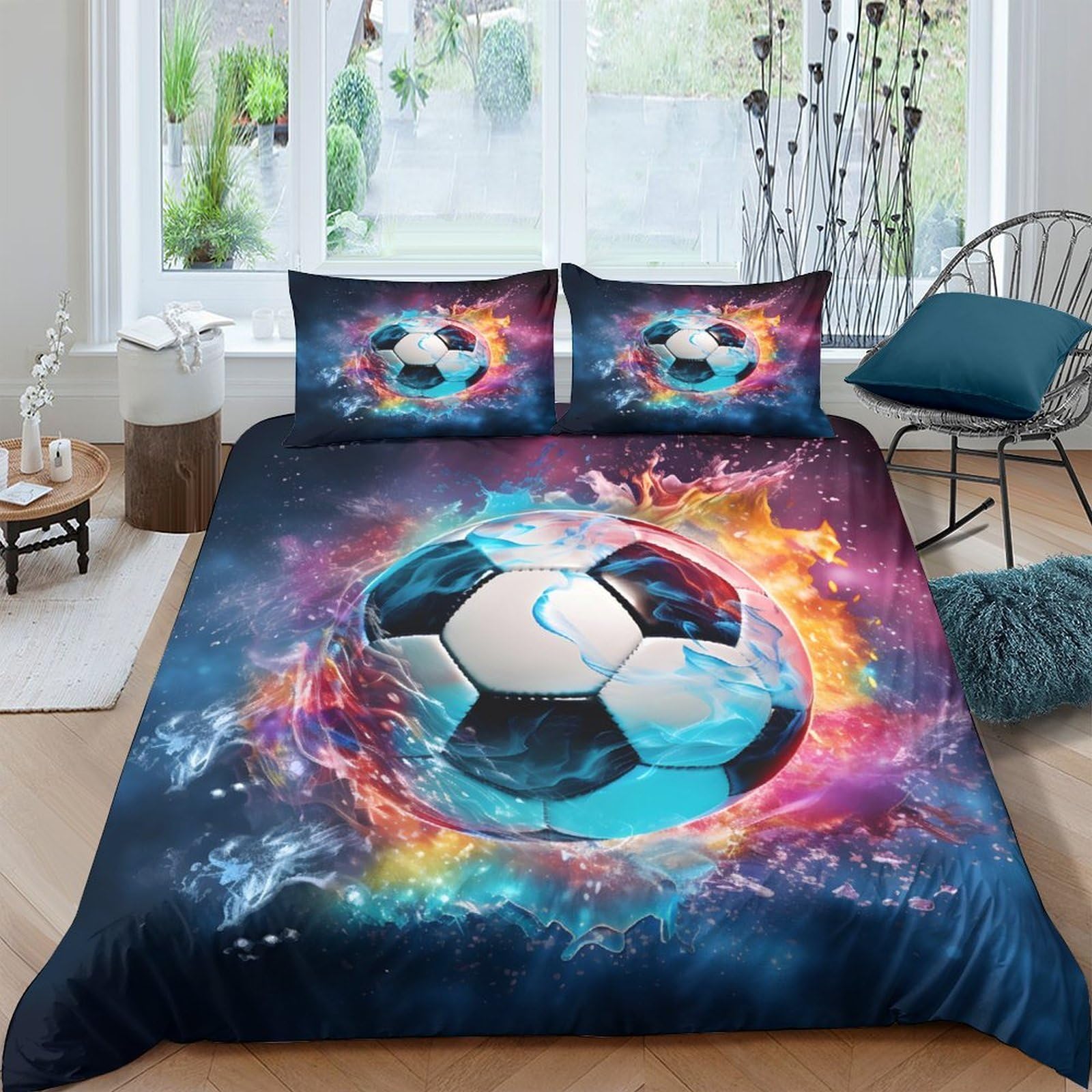 Ctjqhvkz Style-6 3D Printed Soccer Galaxy Fitted Sheet Microfiber Soft Breathable Fire Nebula Mattress Cover For Bedroom Guest Room Decor Single（135X200cm）