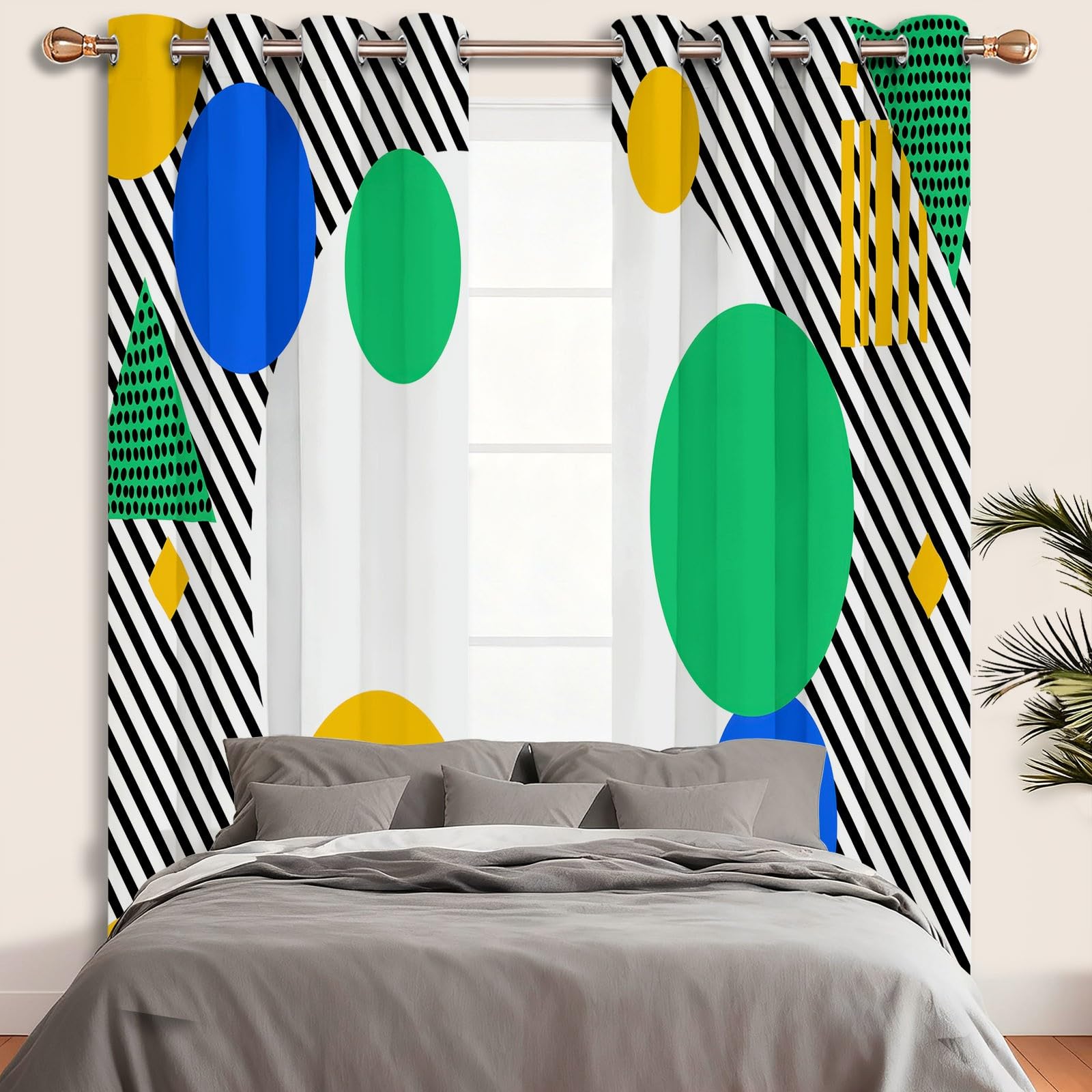 Verdunklungsvorhänge mit Ösen für Wohnzimmer, Modern Modisch Geometrisch Streifen Kreise Thermovorhang Hitzeschutz 2er Set B110 x H215 cm Bunt, Schlafzimmer Vorhänge Blickdicht Fenster Gardinen