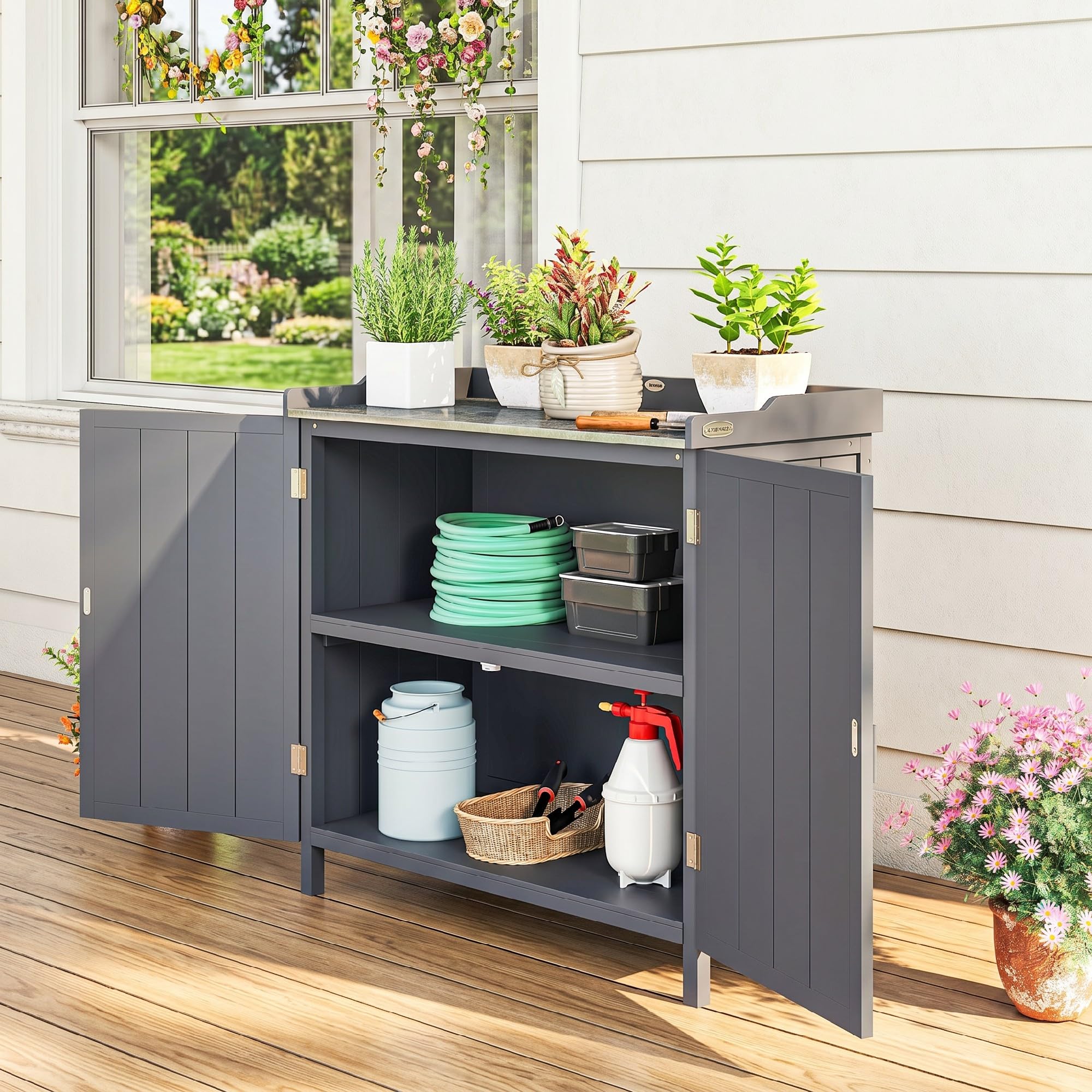 Outsunny Armoire de Rangement de Jardin sur Pied avec Double Porte Gris | Table de Rempotage 2 en 1, Étagère Intégrée, Plateau en Métal Galvanisé