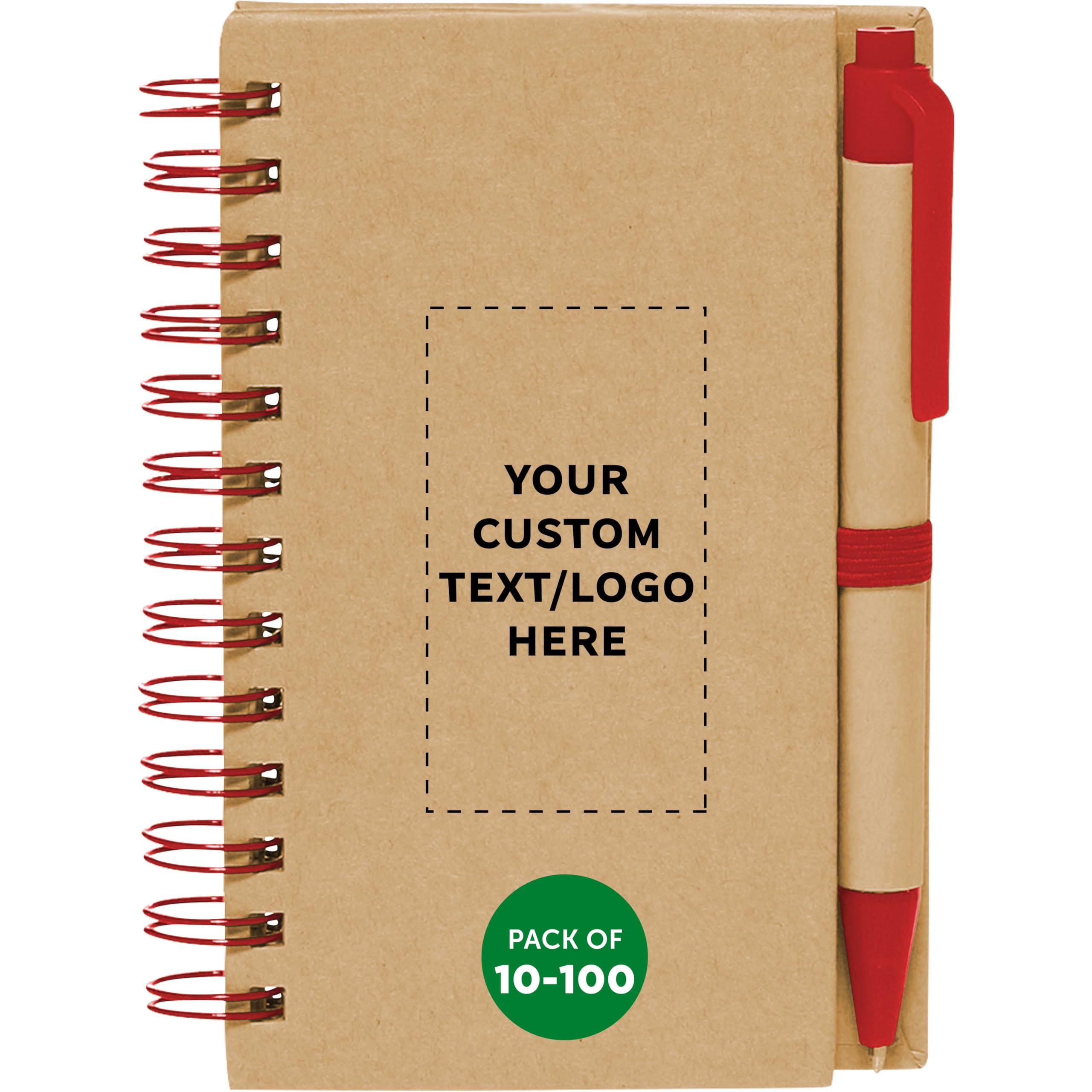 Custom Mini Spiral Notebooks with Black Ink Pens Set of 10/50/100, Personalized Bulk Pack - Perfect for School, Office, Business, Home - Red