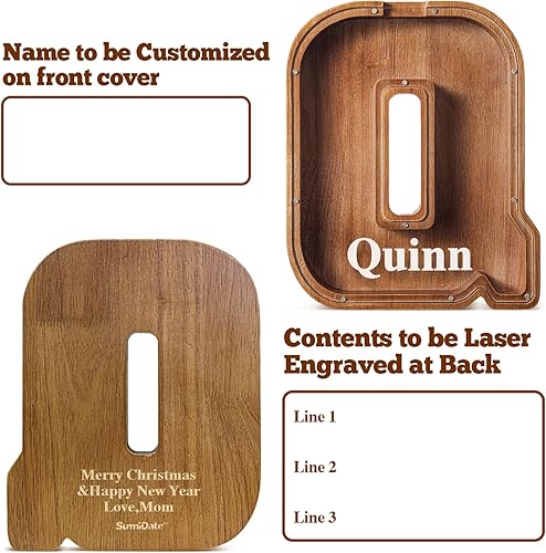 Miniatura 236 de SummiDate Alcancía de madera con nombre, niños y niñas, tamaño grande, letras alfabeto A-Z, monedas y billetes, inicial en cubierta transparente