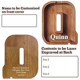 Summidate Customized Name Extra Large Wooden Piggy Bank for Kids Boys Girls Alphabets Letter A-Z Coins Bills Money Change Saving Box Clear Cover (Laser Engraved) Educational Toys 12- Letter Q