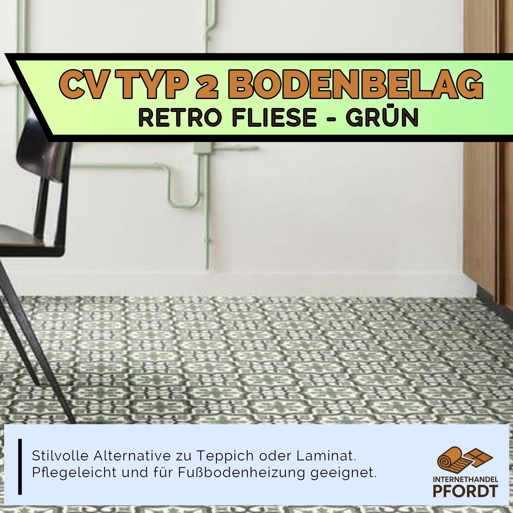 CV Bodenbelag Retro Fliese Grün, 500x200 cm, pflegeleichter PVC Vinylboden in Fliesenoptik, Meterware für Küche und Wohnzimmer