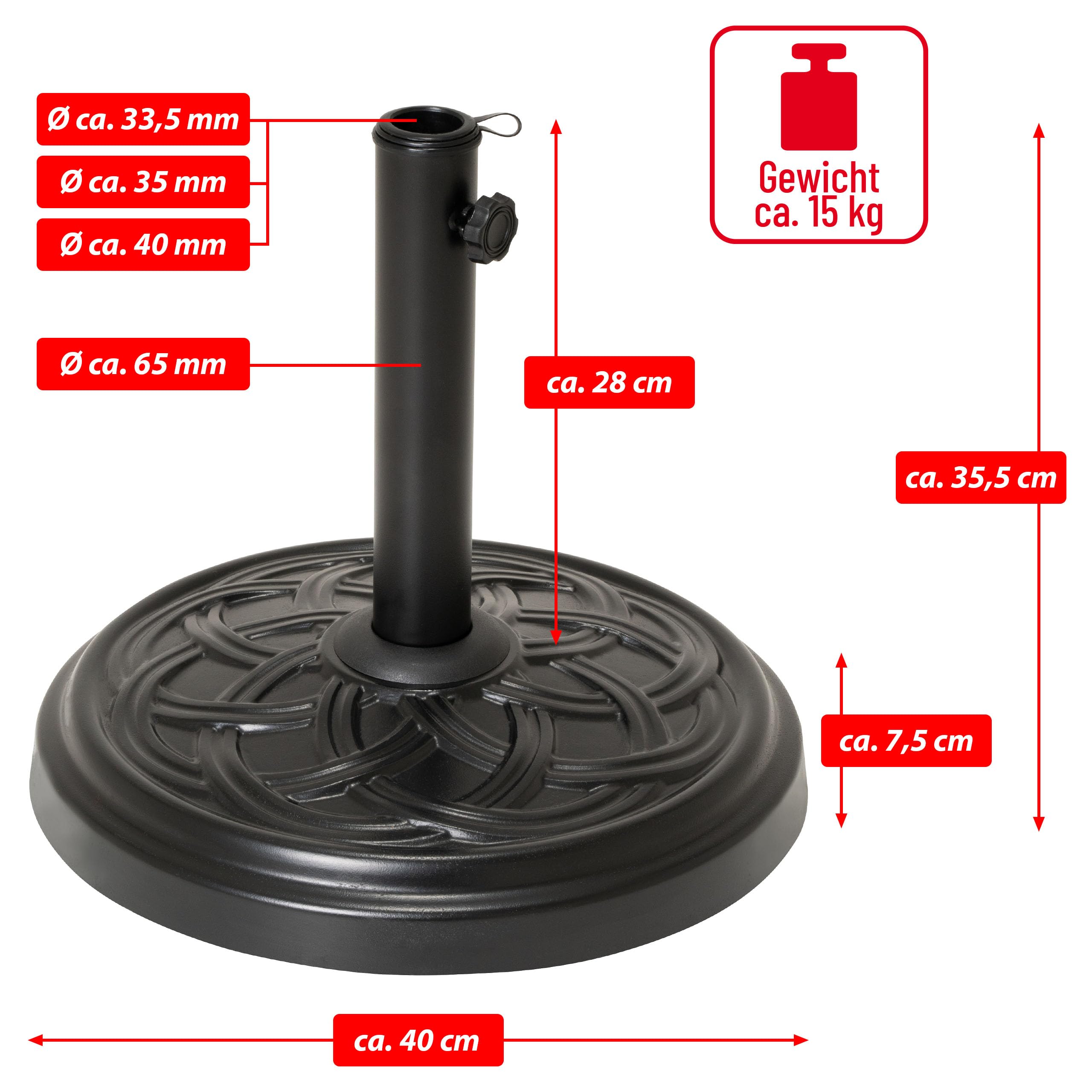 Nexos Trading Schirmständer Beton rund schwarz 15 kg Ø 40 & 45 cm Sonnenschirmständer für Schirme bis 2m Sonnenschirmhalter robust (40 cm)