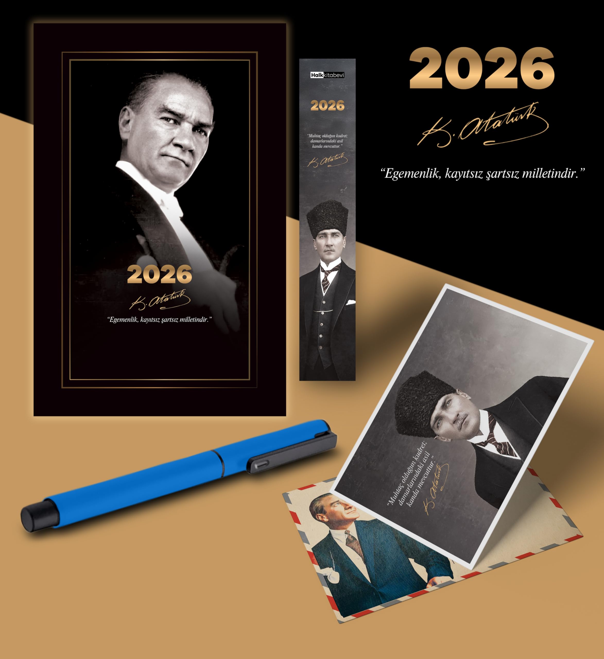 2026 Gazi Paşa Atatürk Ajandası Ayraç Kartpostal Kalem - Mavi
