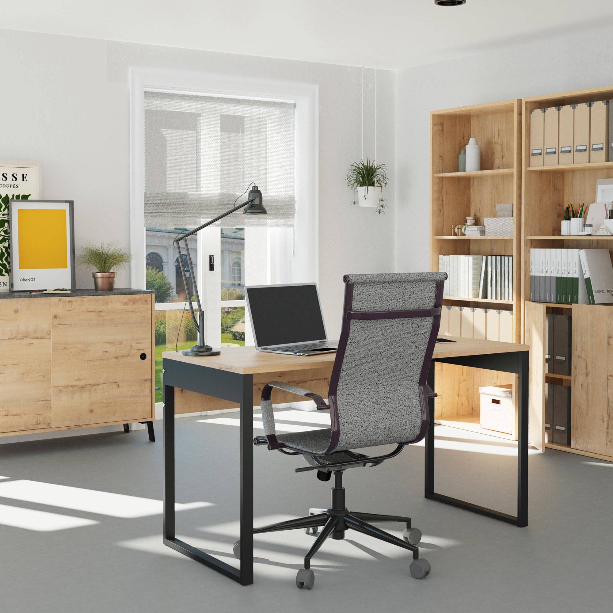 briebe Escritorio, Mesa de Ordenador Oficina, Estudio, Patas Estructura Metálica 76x135x60cm (Alto x Ancho x Profundo) Diseño Industrial, Desk, Smuk Roble Gold/Negro