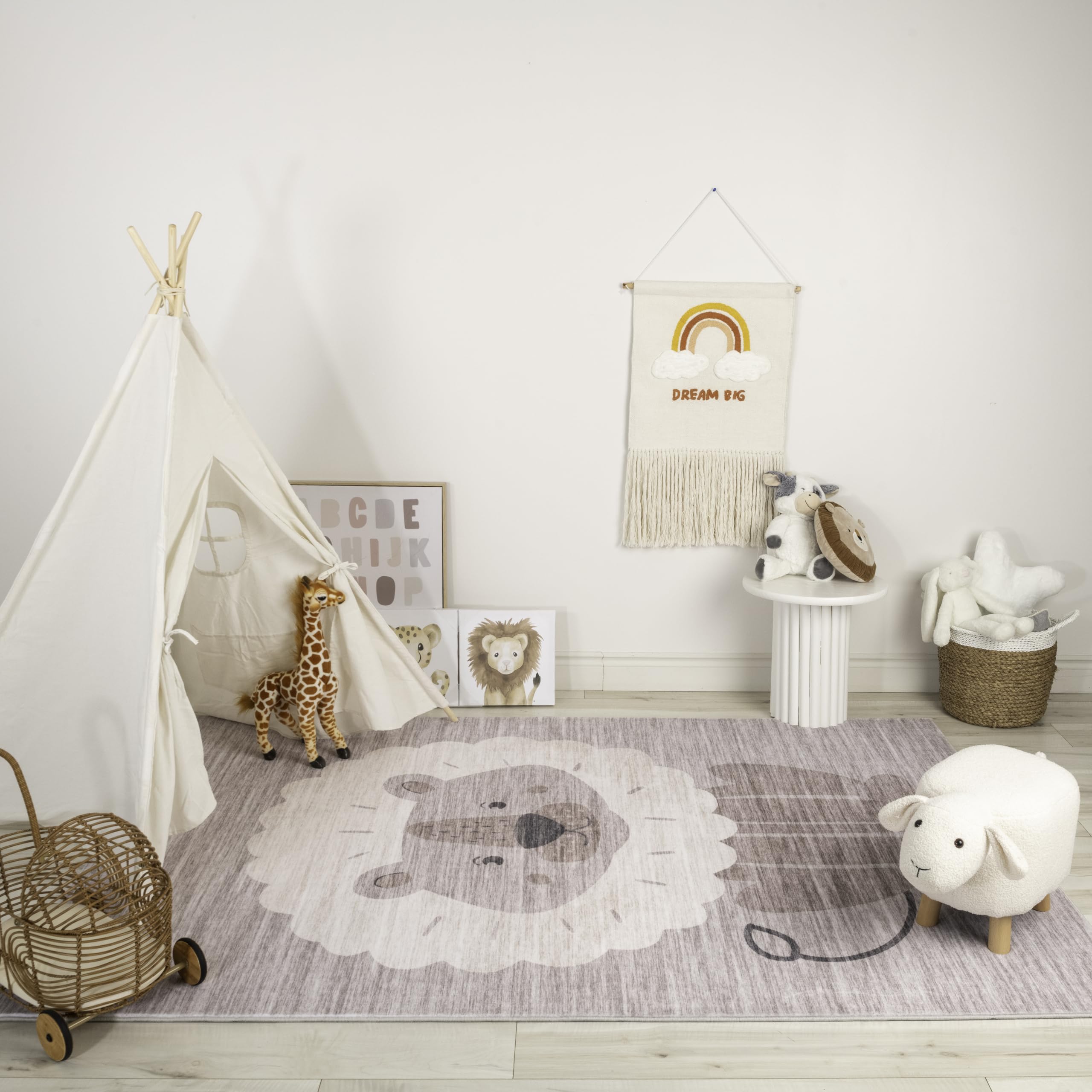 Rug Branch Soft Steps Playtime 5'x8' (Exact Size: 5'3" x 7'7") Non-Toxic, Child and Pet Safe, Lion, Cartoon Animals - Soft Area Rug, Neutral Beige Grey - Boys & Girls in Playroom, Nursery, Bedroom