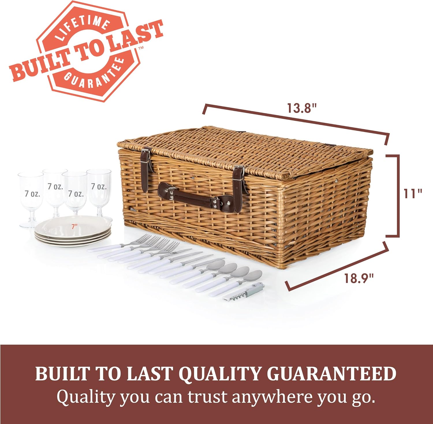 Picnic TME Belmont Picnic Basket for 4, Insulated Wicker Basket Set with Porcelain Plates, Stainless Steel Flatware, Wine Glasses, Cooler, Leatherette Straps, Gift (Navy Blue & White Stripe)