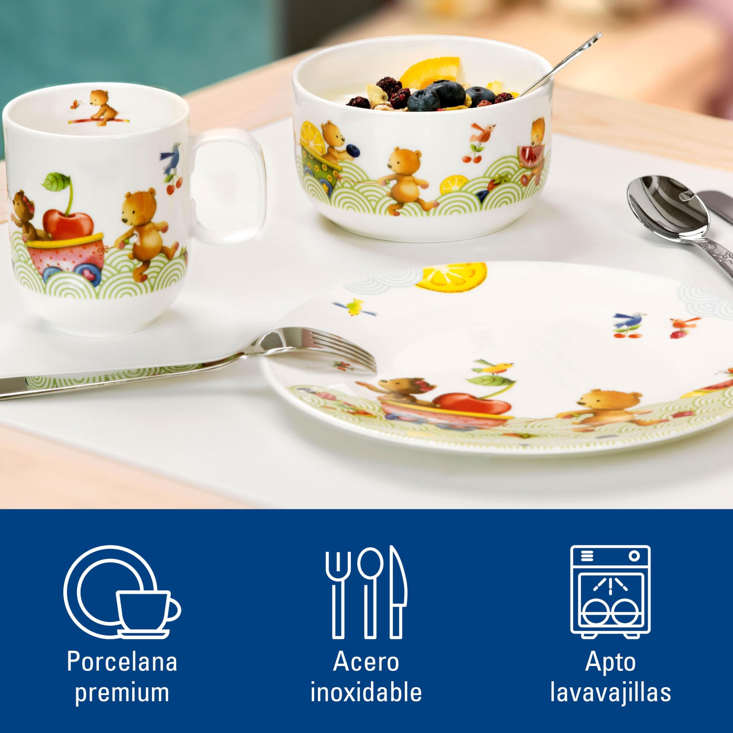 Villeroy & Boch Kiddy Bears Set De Vajilla Infantil, 7 Piezas 7 Piezas Rojo, Apto Para Lavavajillas, Vajilla Niños, Plato, Cuenco, Taza, Cubiertos, Premium Porcelain,Acero Inoxidable