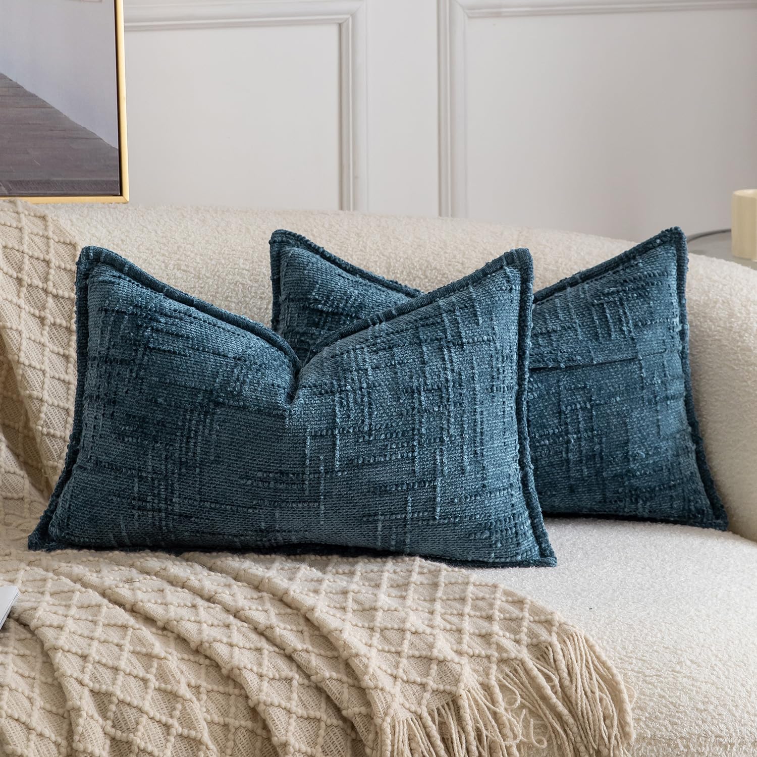 Madizz Decorative Chenille Cushion Covers 40x80 cm Blue Pack of 2 Throw Pillows for Couch Sofa Boho Accent Pillow Cases for Bed Cushion for Bedroom Living Room Modern Home Decor