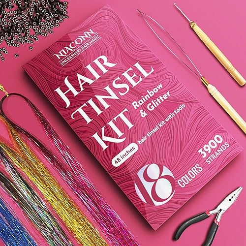 Miniatura 2 de NIACONN Glitter Hair Tinsel Extensions Kit 18 Colors with Tools and Beads, 48 Inch Sparkly Fairy Colorful Tensile Strands Shiny Hair Accessories for