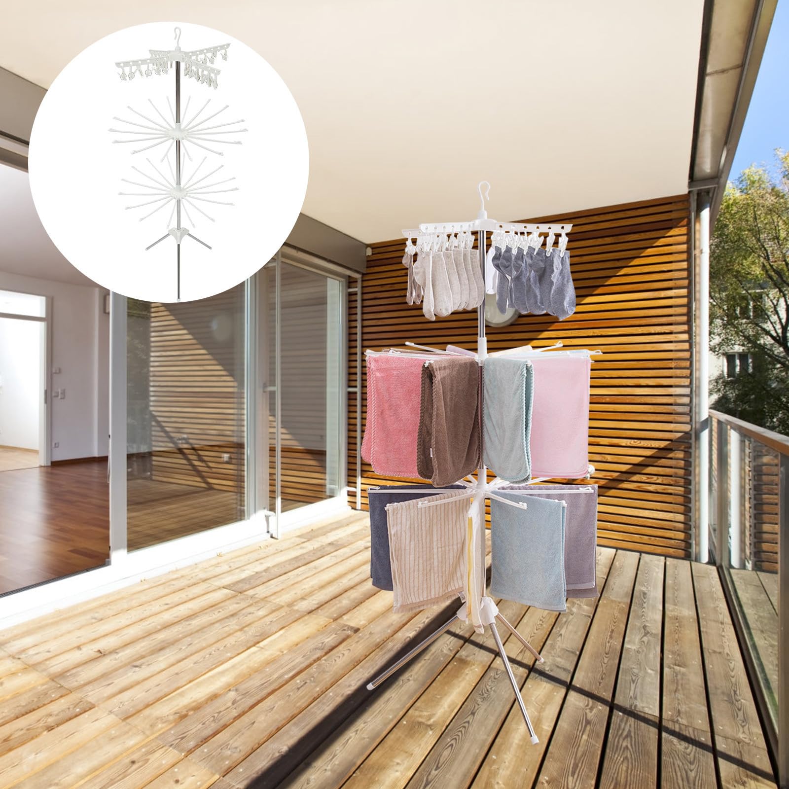 Housoutil Tendedero de Ropa Giratorio Plegable para Ropa al Aire 32 Varillas Aleación y Abs Blanco Diseño 360° Antideslizante y Antiviento para Pañales y Toallas Secado Natural al Aire