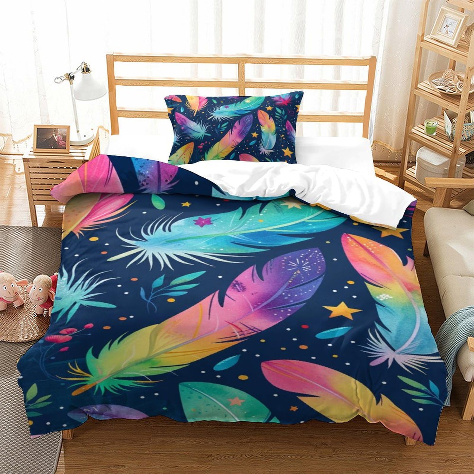 Housse de couette microfibre 135x200 motif plumes respirante avec une taie d'oreiller