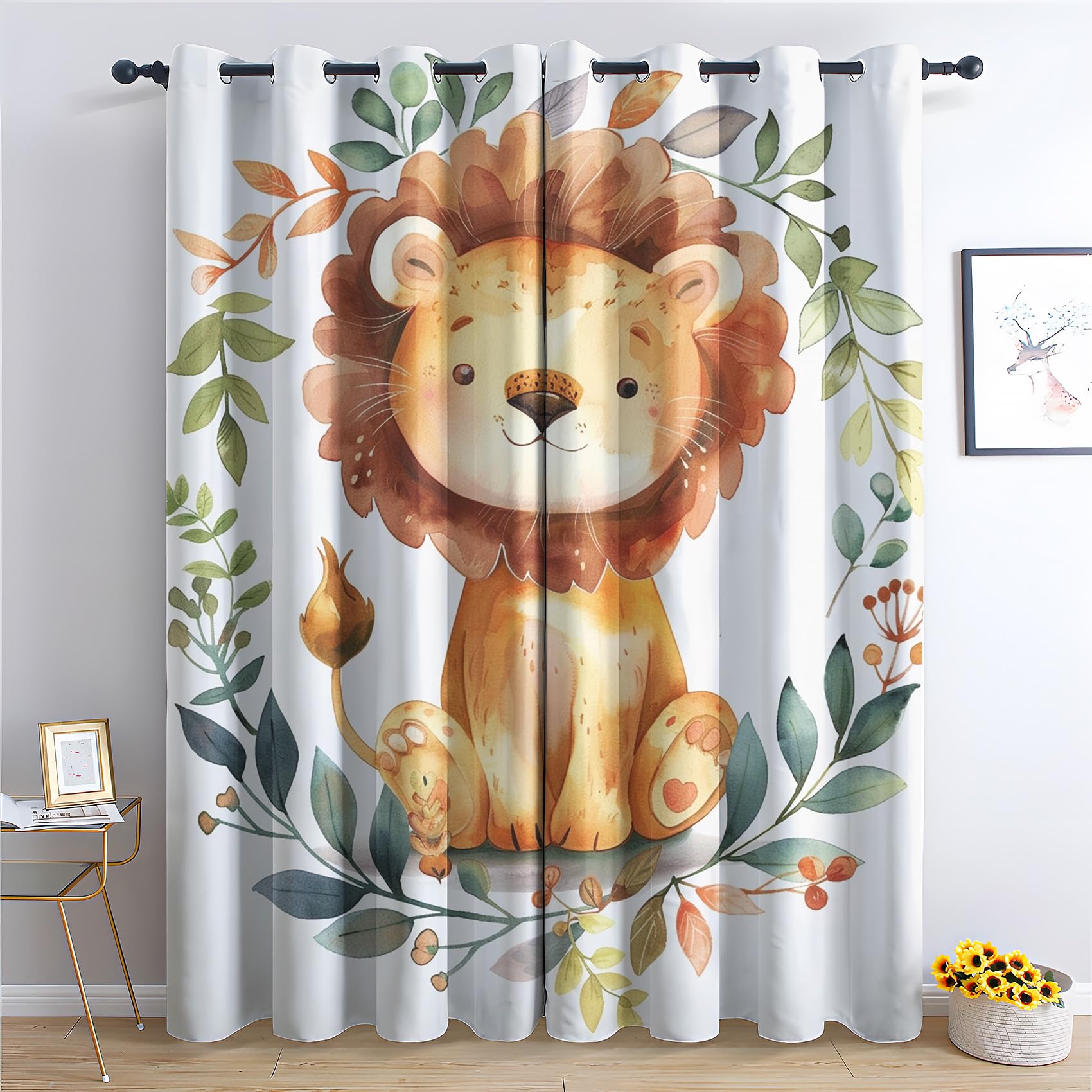 Venivici Lion Blackout Curtains for Bedroom Living Room - 54 Inch Drop Curtains Eyelet, Kids Cartoon Jungle Animal Patterned Window Treatments, Thermal Insulated Drapes 46x54 2 Panels