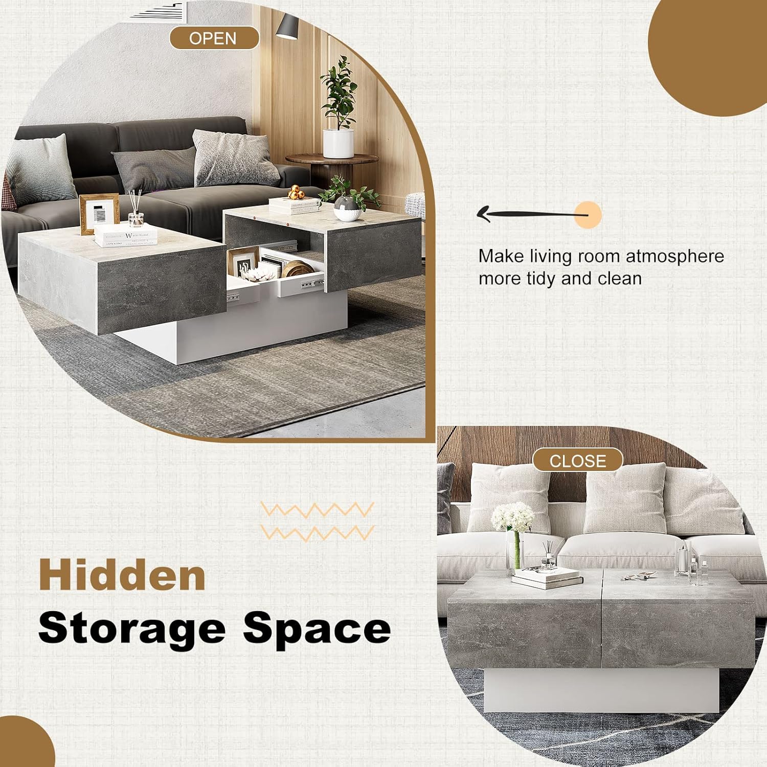 Coffee Table for Living Room Sliding Top with Hidden Storage, Wooden