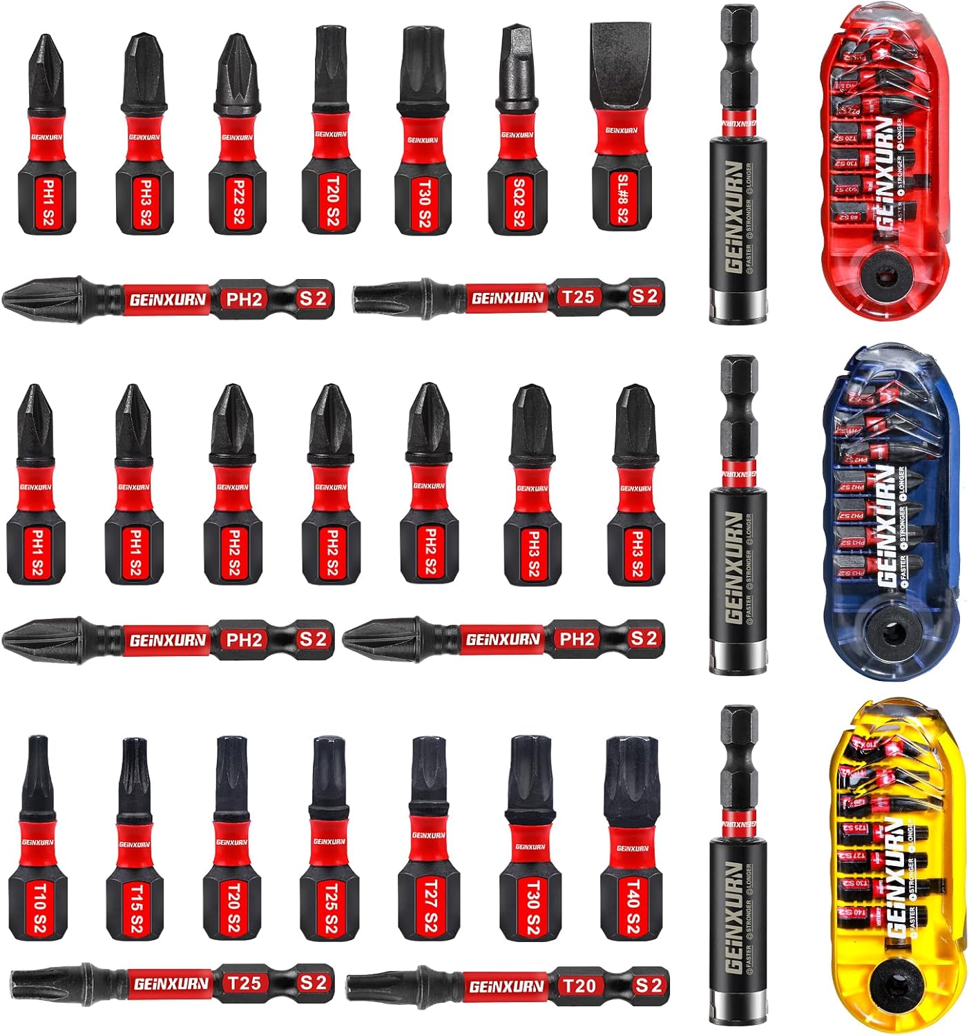 Geinxurn 30 Pcs Impact Screwdriver Bits Set, Magnetic S2 Steel Multi Driver Bits with Storage Rainbow Box (Red,Blue,Yellow)