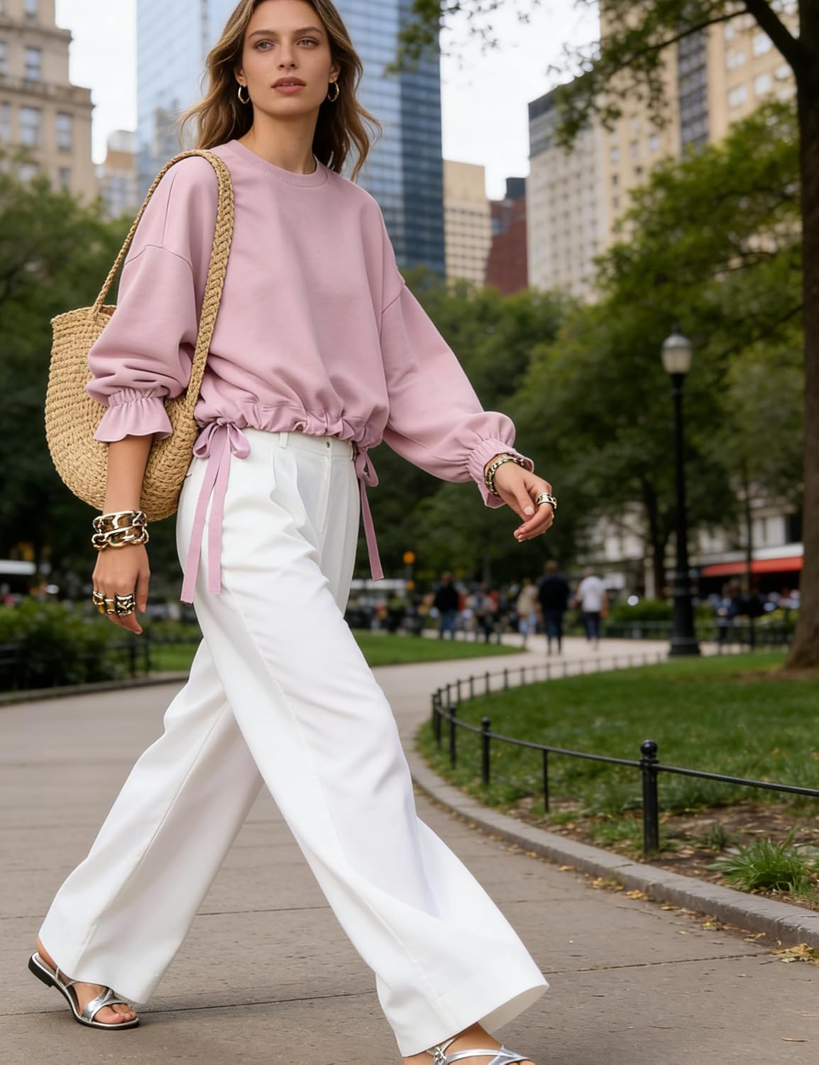 Women's Long Puff Sleeve Sweatshirt Drawstring Hem Crewneck Pullover Loose Solid Casual Tops - Image 8