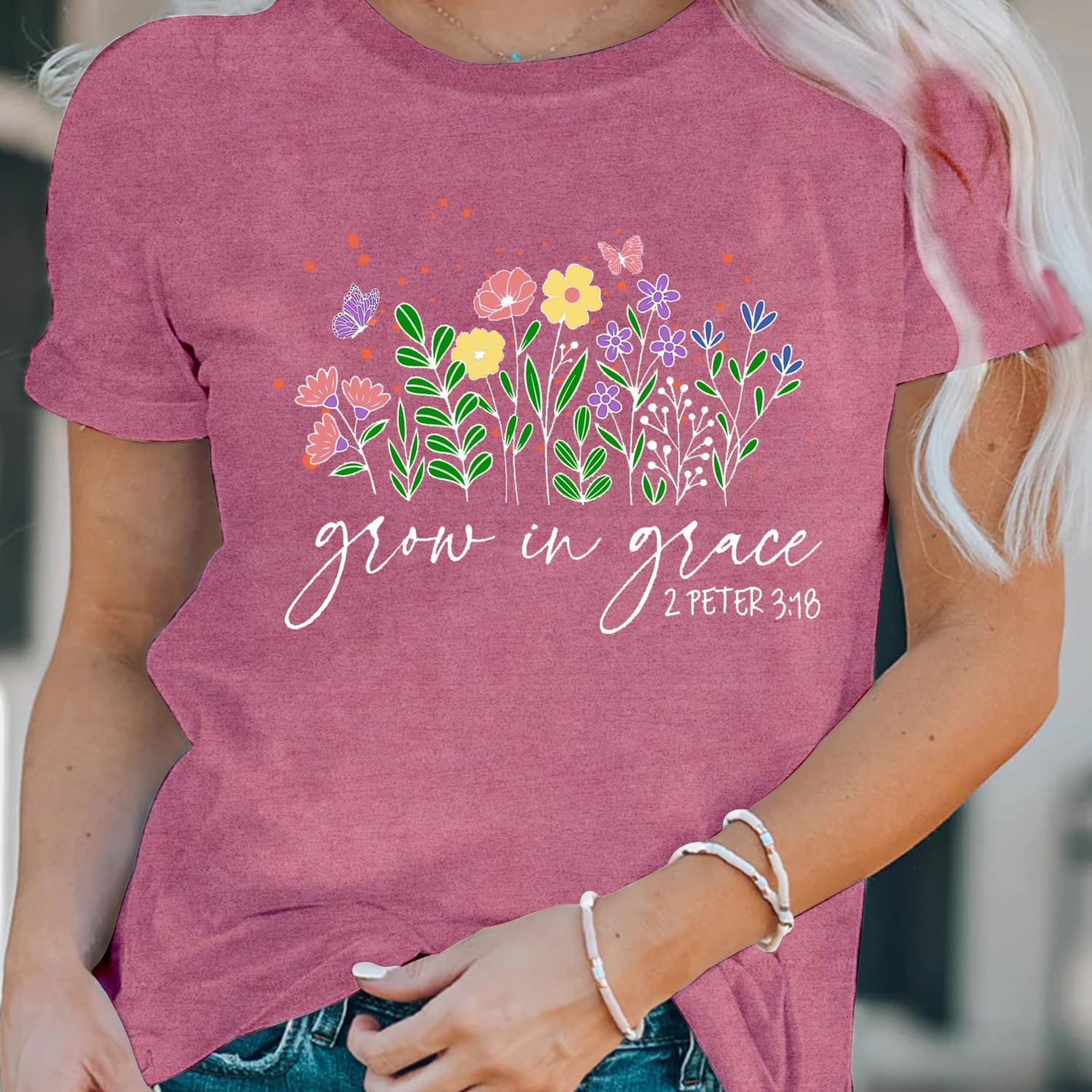 LBP Womens Christian Wildflowers Shirts Grow in Grace Shirt Christian T-Shirt Bible Verse Faith-Based Tee Tops - Image 2