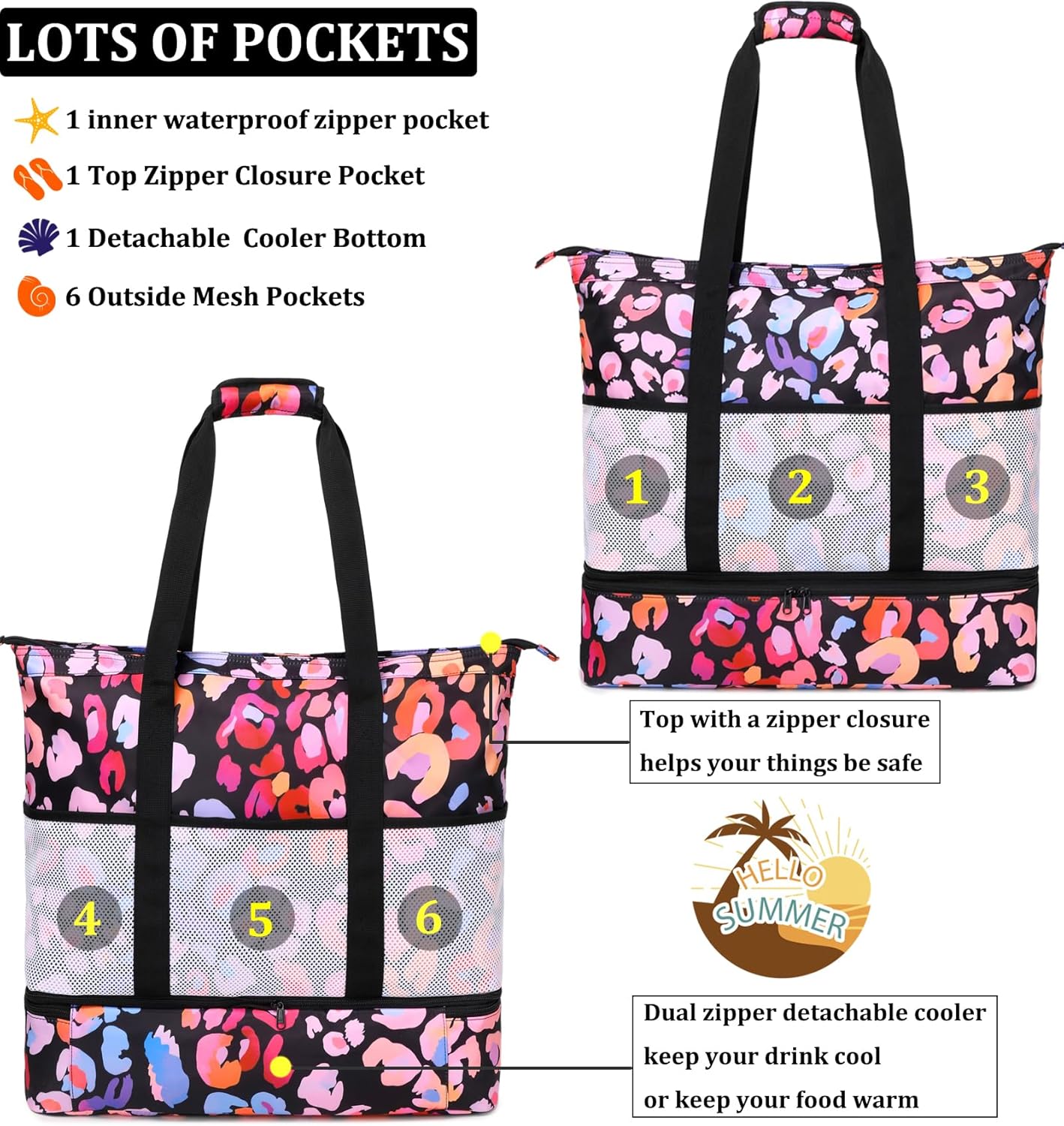 JIANYA Beach Bag Women Waterproof Sandproof Beach Tote Bags with Cooler Top Zipper Large Totes for Pool Travel Daily - Image 6