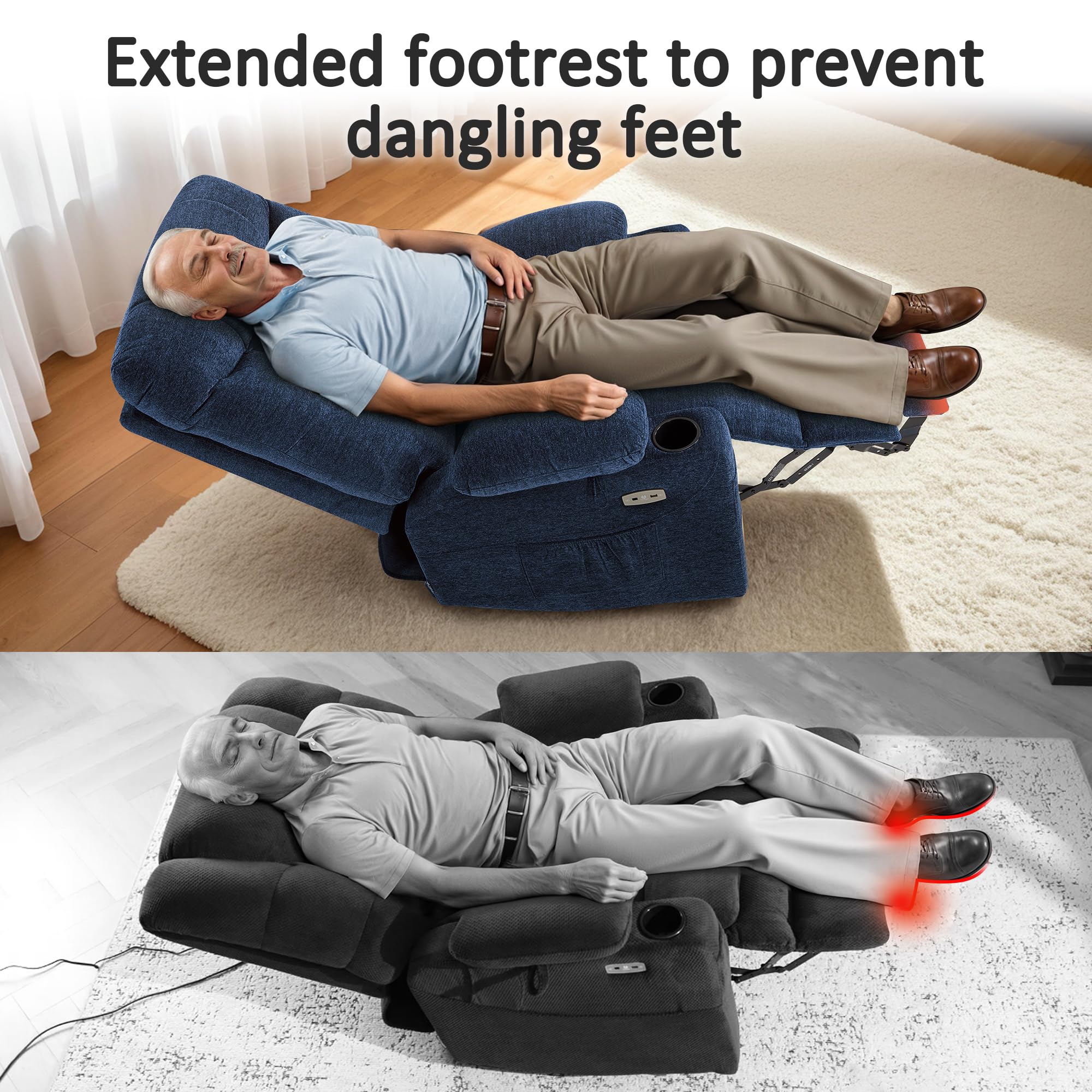 MCombo Power Lift Recliner Chair with Extended Footrest for Elderly People, Fabric 7283 (Navy Blue, Large)