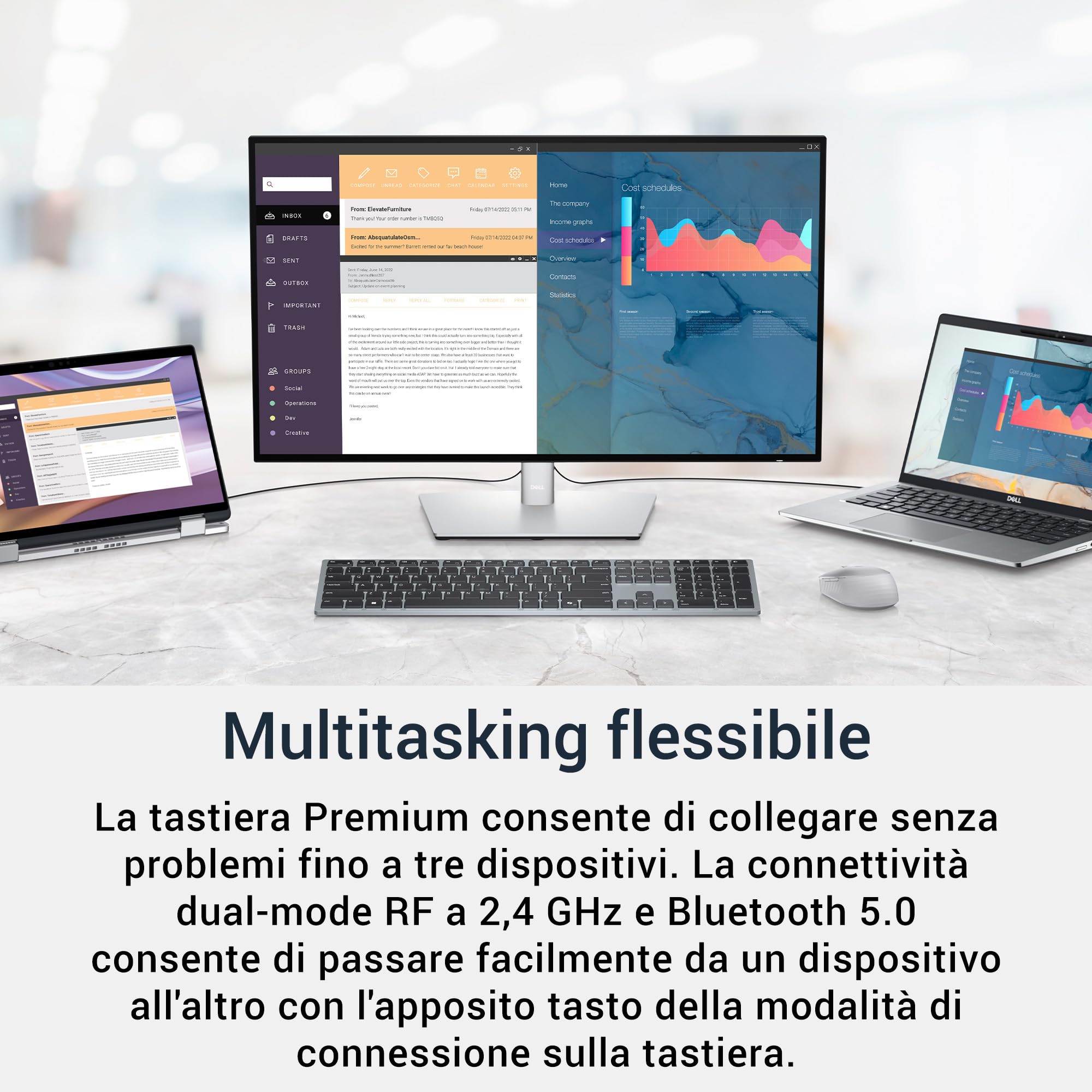Dell KB700 Tastiera Senza Fili Multi-Device – QWERTY, Bluetooth 5.0 e RF 2.4 GHz, Compatibile con Windows, Mac, Linux, ChromeOS e Android, Tasti Programmabili, Batteria 36 Mesi, Titan Gray