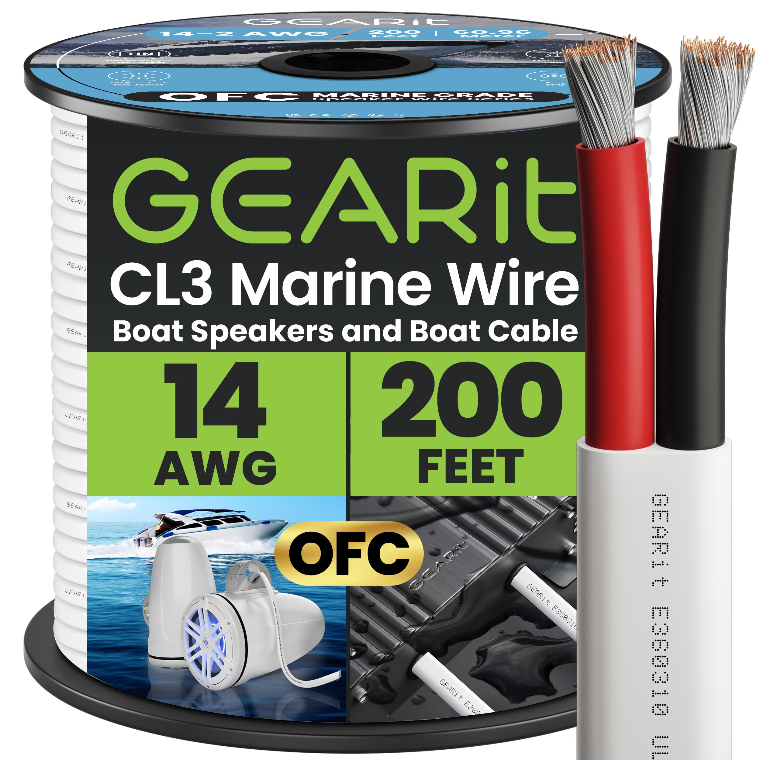 GearIT 14/2 Marine Wire (200 Feet) 14AWG Gauge - Tinned OFC Copper/Marine Grade Speaker Cable/Duplex / 2 Conductors - OFC Oxygen-Free Copper, White 200ft