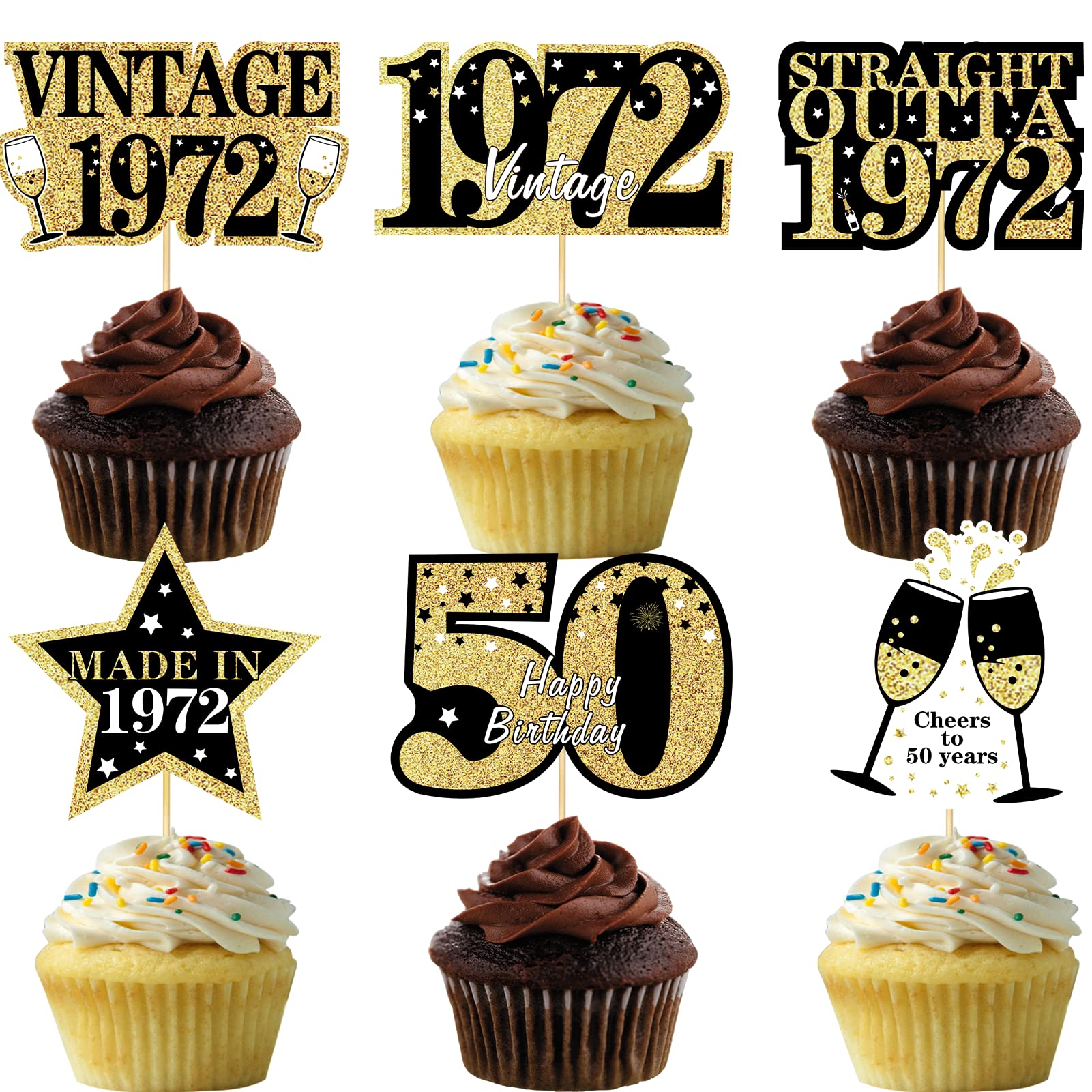 Amazon.com: 48Pcs Happy 50th Birthday Cake Topper Decorations, Black Gold  Vintage 1972 Aged to Perfection Cupcake Toppers Party Supplies, Fifty Year  Old Birthday Cupcake Picks Sign Decor : Grocery & Gourmet Food