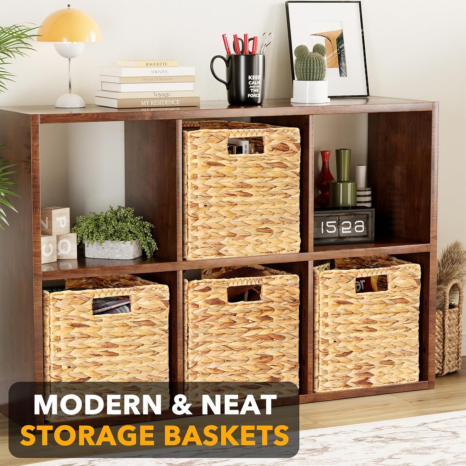 SpaceAid 4 Pack Wicker Basket, Storage Baskets for Organizing, Woven Rattan Basket with Handles for Shelves, Water Hyacinth Large Cube Organizer Storage Bin, 12x12x12 inch, Natural 4-Pack, 12x12x12in Natural