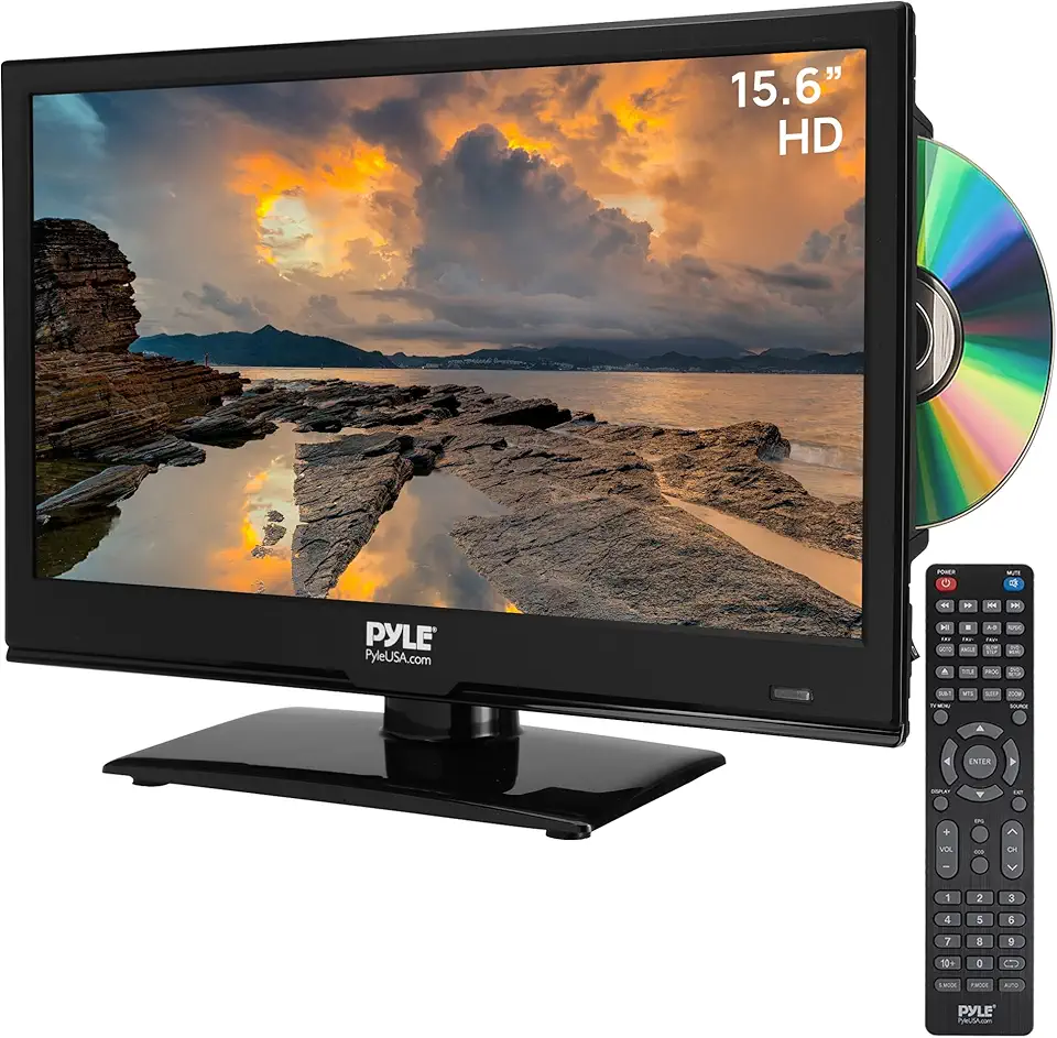 Pyle TV LED de tela plana de 15,6 polegadas, TV pequena 1080p para RV, carro e casa, HDMI, RCA, combo de DVD com slot-in, adaptador de 12/24V, televisão montável na parede com controle remoto