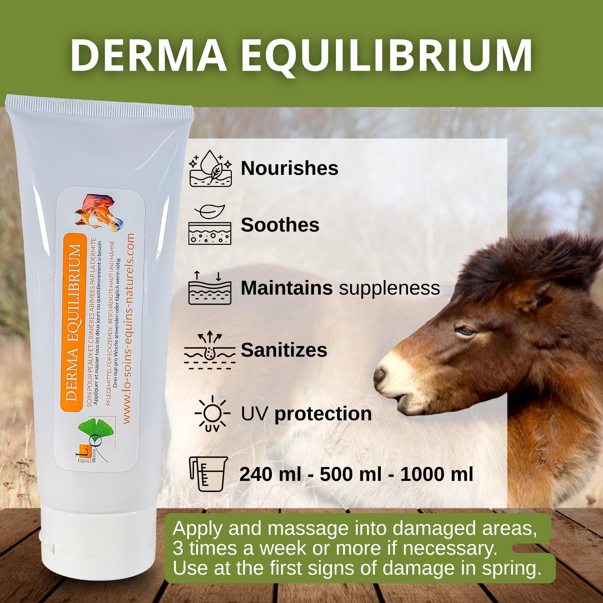 Derma Equilibrium - Soin Naturel de la dermite chez Le Cheval - Aux Plantes, Calendula, Lavande, Cade - Anti-démangeaisons (Derma Equilibrium 240mL)