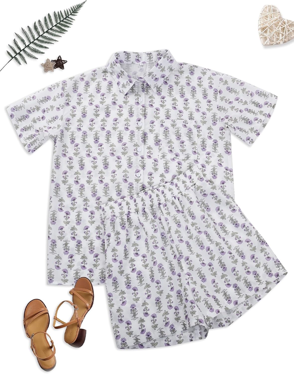 Flygo Womens Floral Pajamas Set Casual 2 Piece Outfits Button Down Shirt Shorts Linen Pj Lounge Sets Beach Vacation Wear