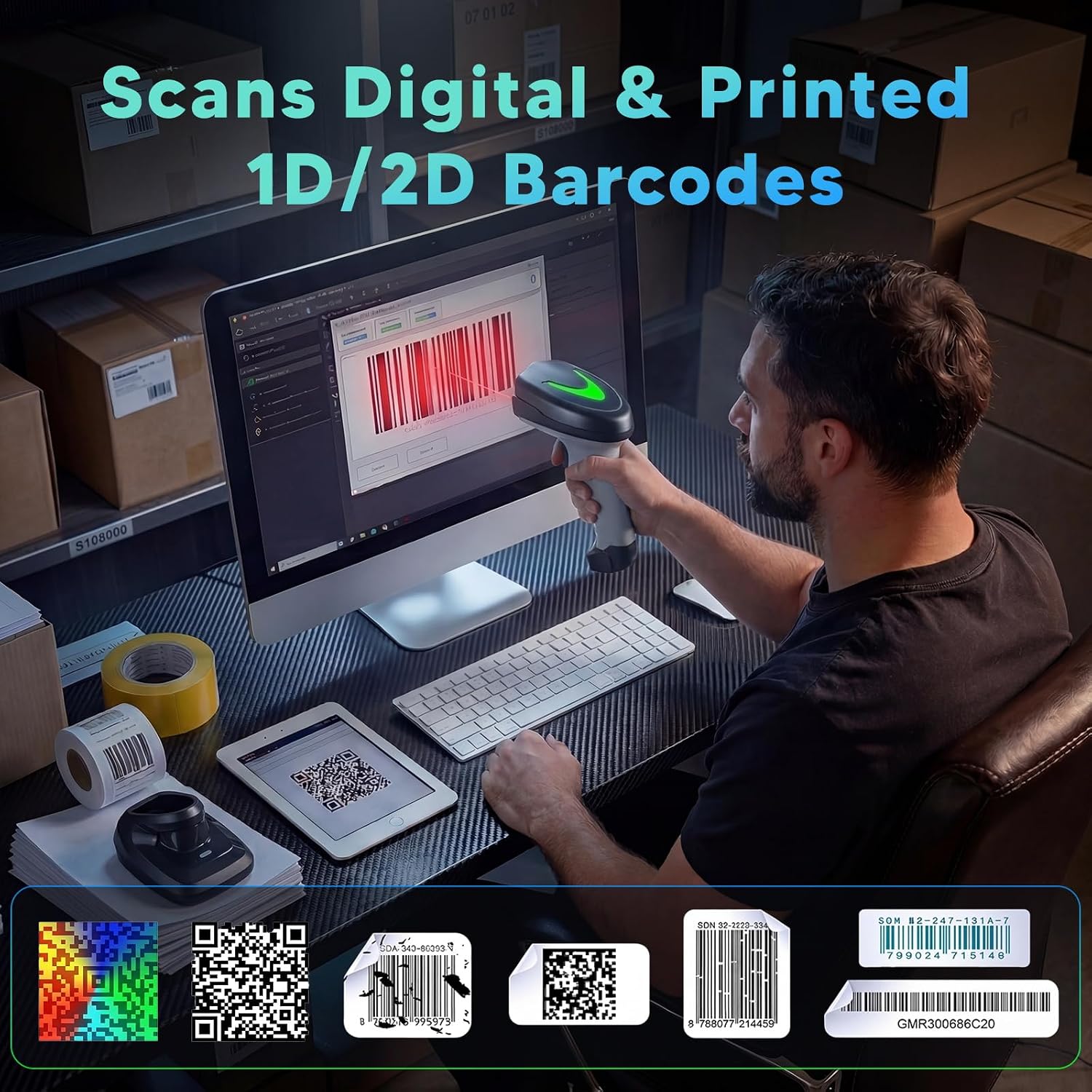 Wireless 2D Barcode Scanner，Wireless & Bluetooth & USB Wired Connection, Connect Smart Phone, Tablet, PC,Handheld Bar Code Reader for Inventory - USB Bar Code/QR Reader