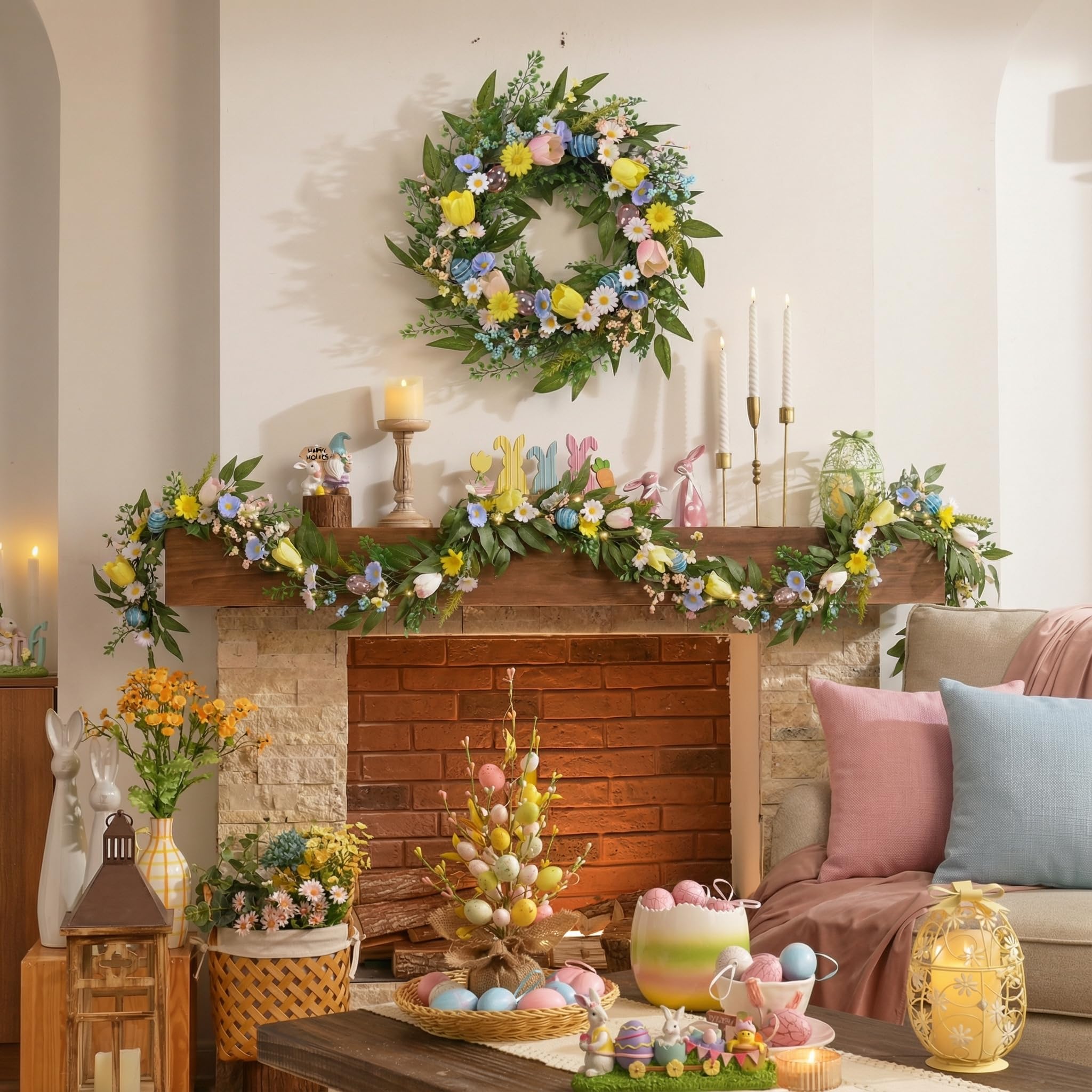Valery Madelyn Corona de Pascua plegable preiluminada de 24 pulgadas para puerta delantera, corona de puerta de primavera iluminada con huevo pastel y flor de margarita, decoración de granja de
